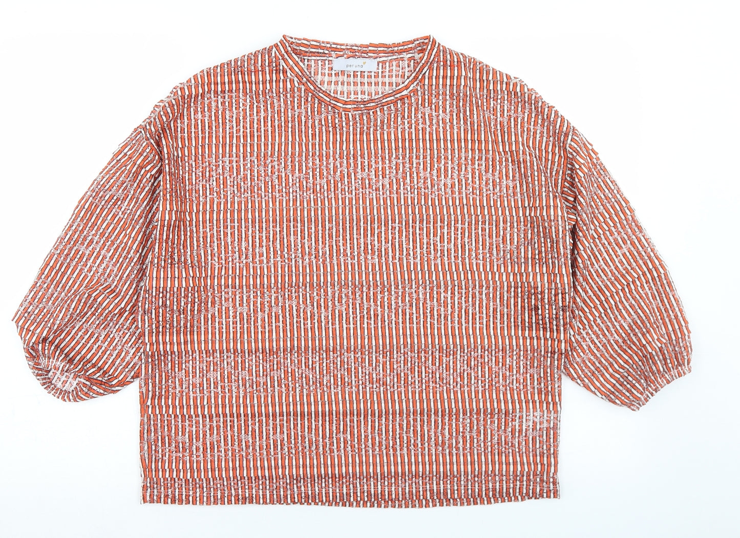 Marks and Spencer Womens Orange Striped Polyester Basic T-Shirt Size 12 Round Neck