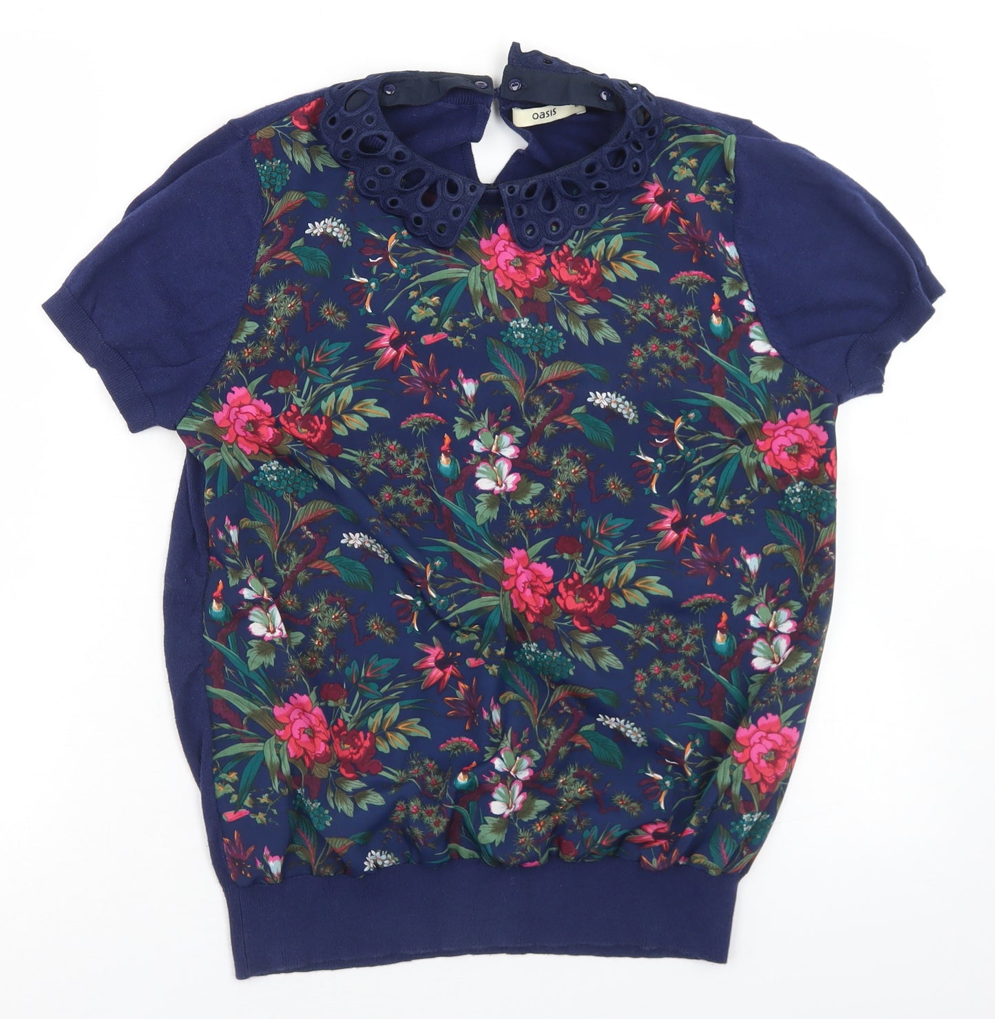 Oasis Womens Blue Floral Cotton Basic T-Shirt Size M Collared