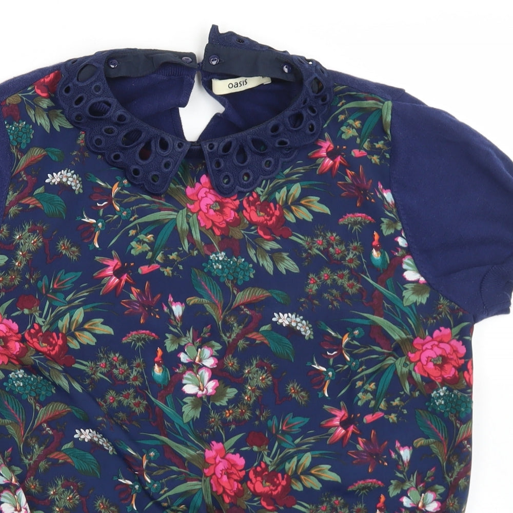 Oasis Womens Blue Floral Cotton Basic T-Shirt Size M Collared