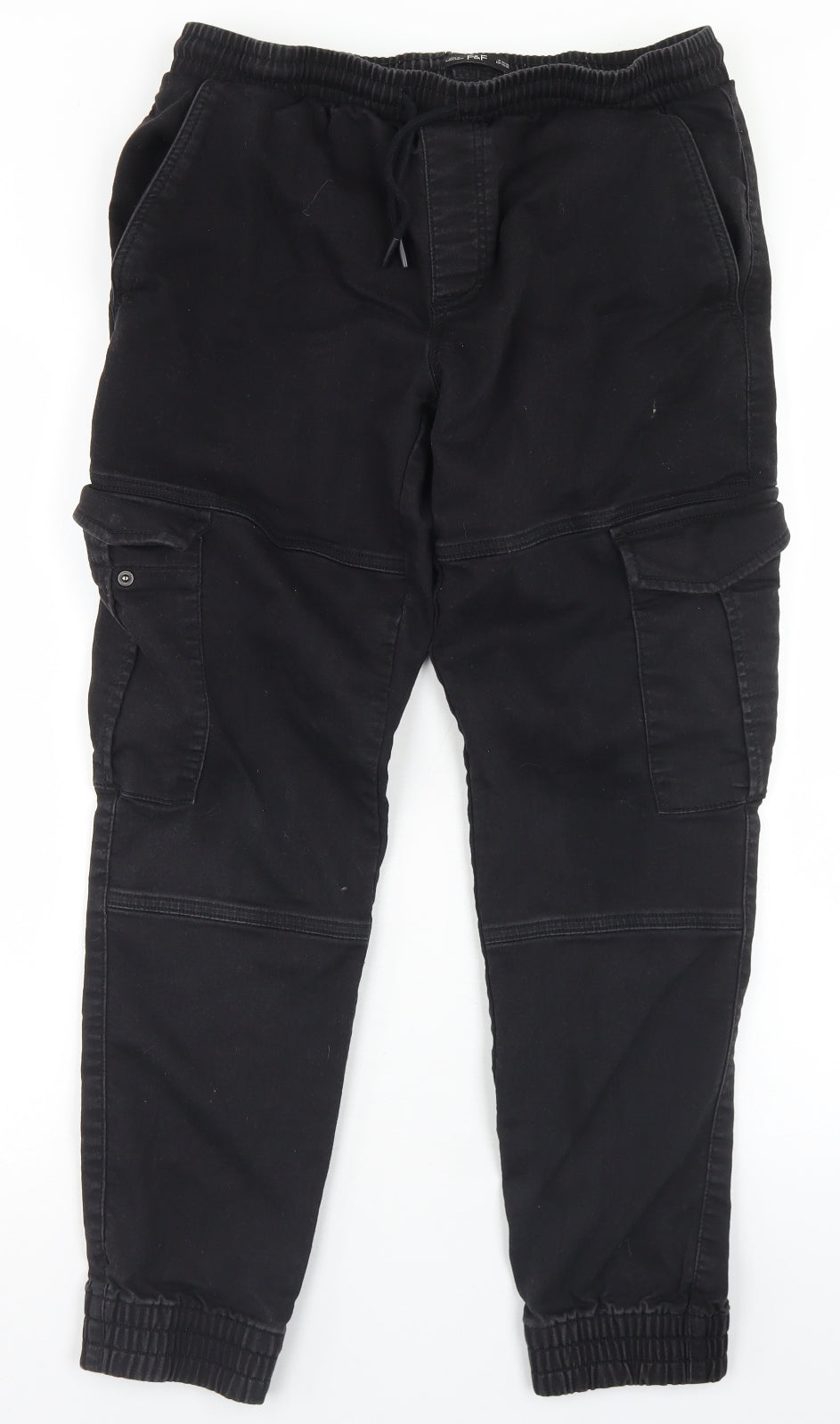 F&F Mens Black  Cotton Cargo Trousers Size 34 in L30 in Regular Drawstring