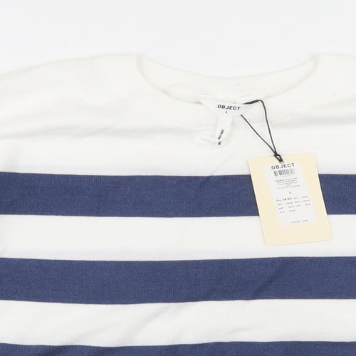 Object Womens White Crew Neck Striped Viscose Pullover Jumper Size L