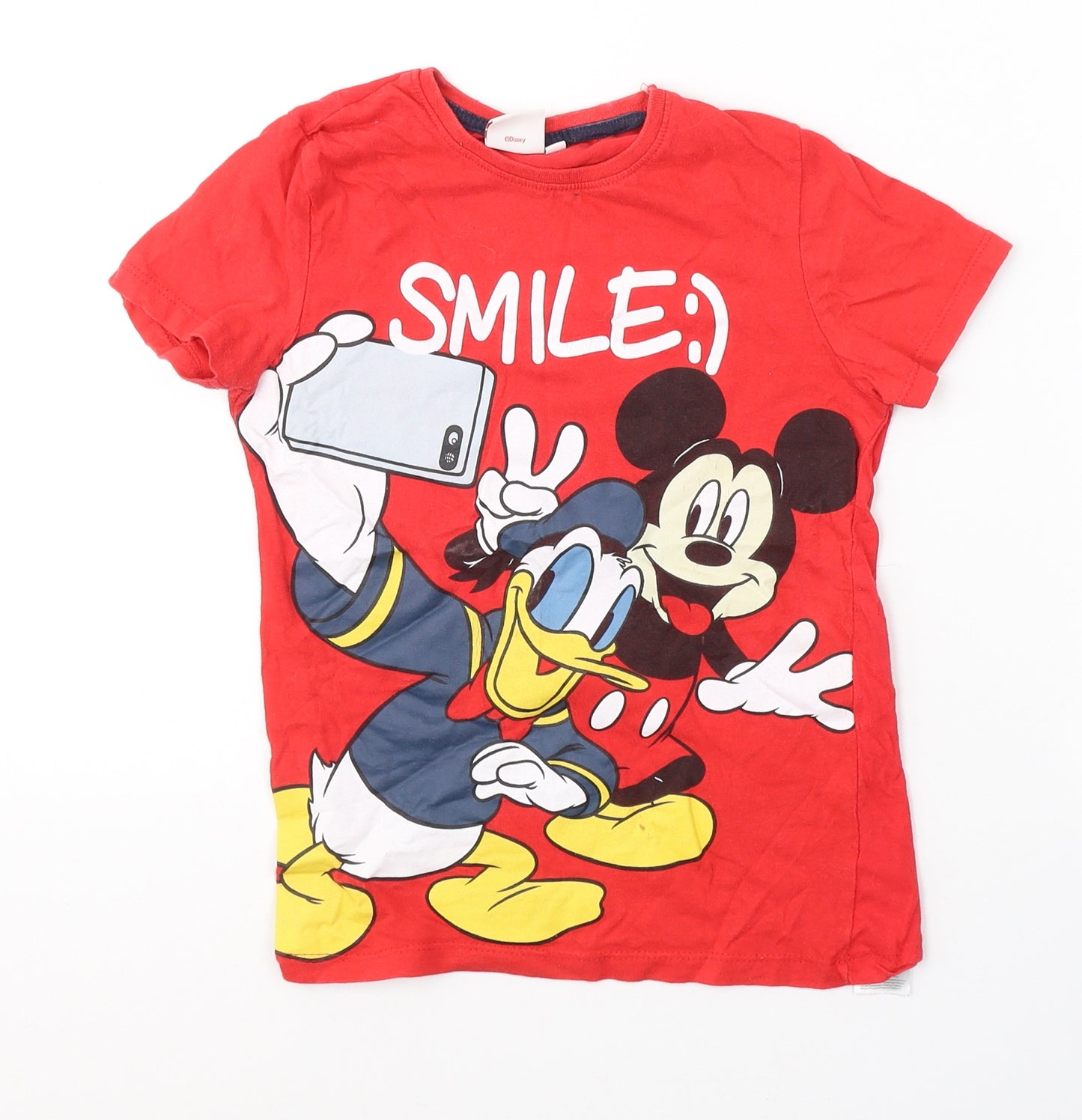 Disney Boys Red  Cotton Basic T-Shirt Size 5-6 Years Round Neck Pullover - Mickey and Friends