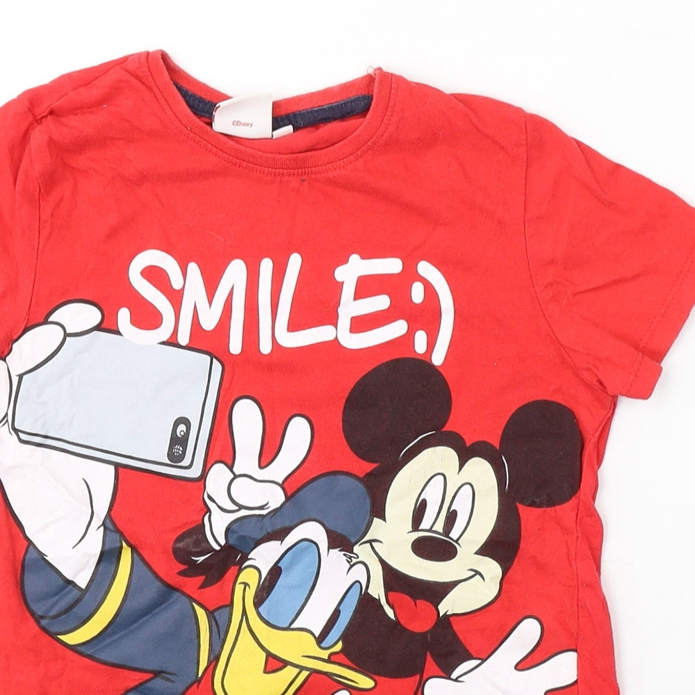 Disney Boys Red  Cotton Basic T-Shirt Size 5-6 Years Round Neck Pullover - Mickey and Friends
