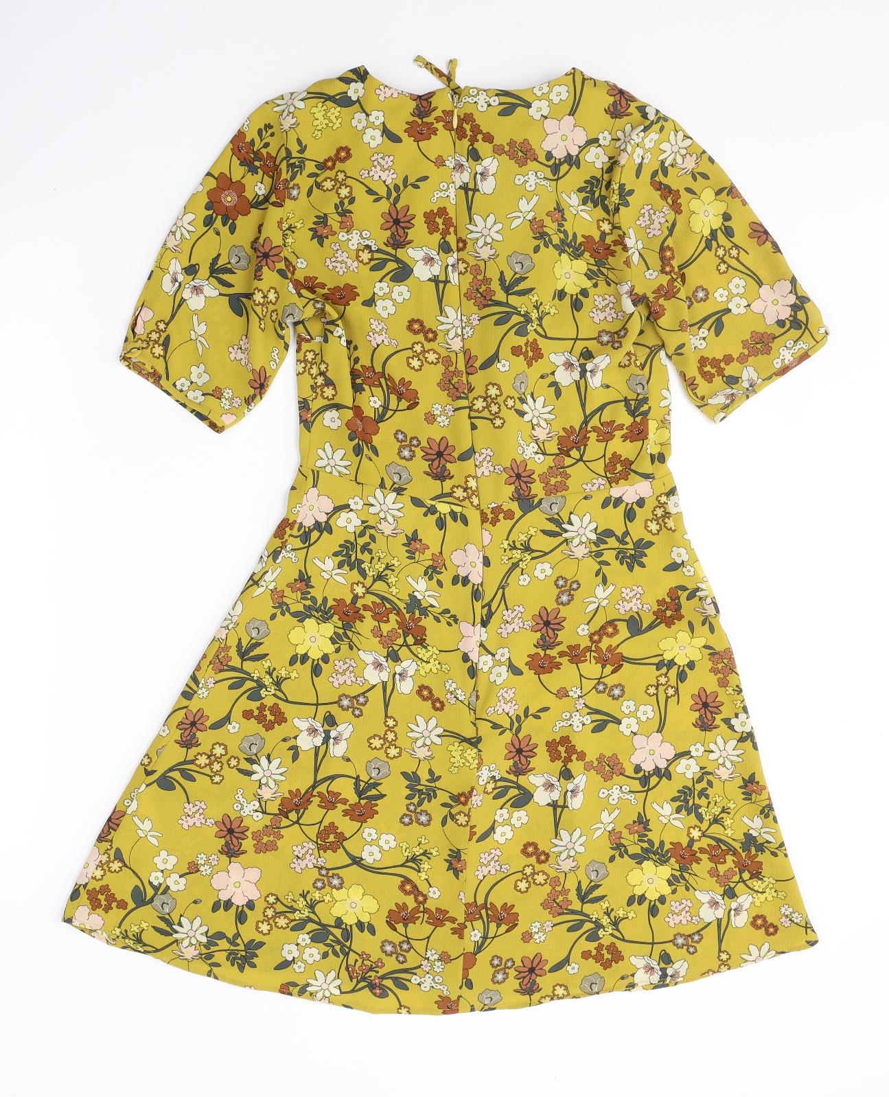 Topshop Womens Yellow Floral Polyester Fit & Flare  Size 8  V-Neck Button