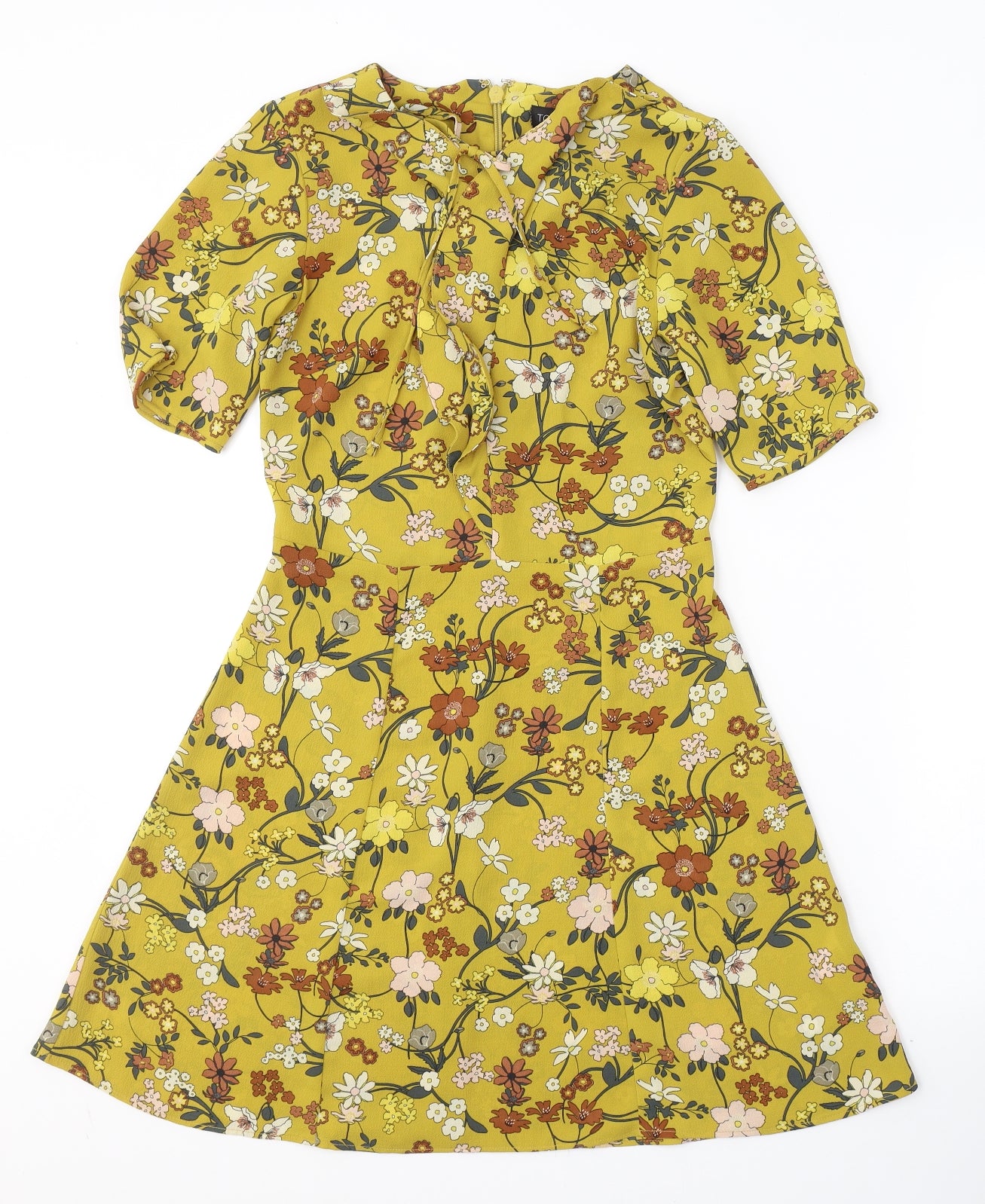 Topshop Womens Yellow Floral Polyester Fit & Flare  Size 8  V-Neck Button