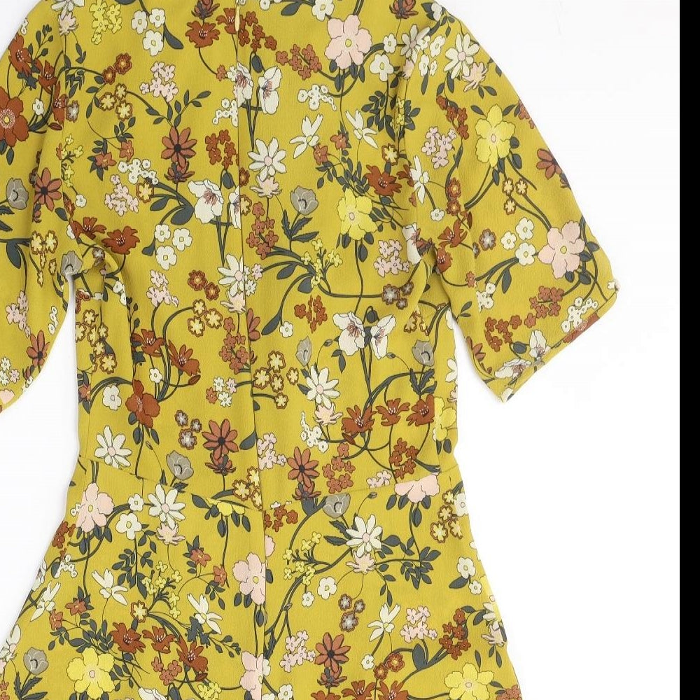 Topshop Womens Yellow Floral Polyester Fit & Flare  Size 8  V-Neck Button