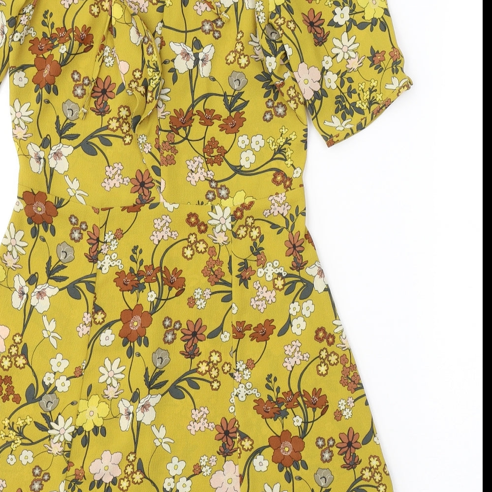 Topshop Womens Yellow Floral Polyester Fit & Flare  Size 8  V-Neck Button
