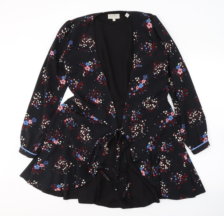 Jack Wills Womens Black Floral Jacket Blazer Size 8 Tie