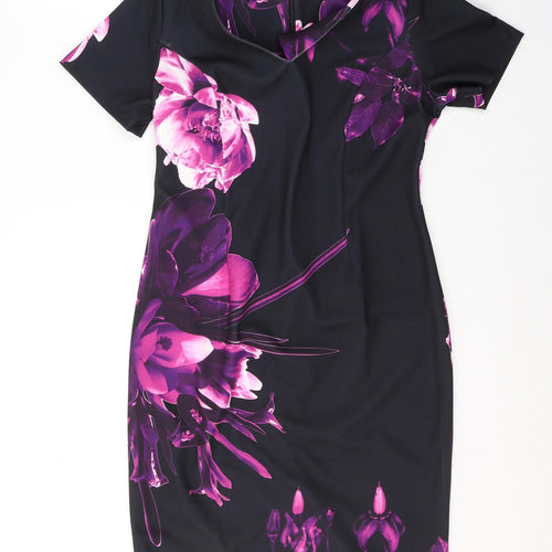 Gerard Womens Black Floral Polyester A-Line  Size 12  V-Neck Zip