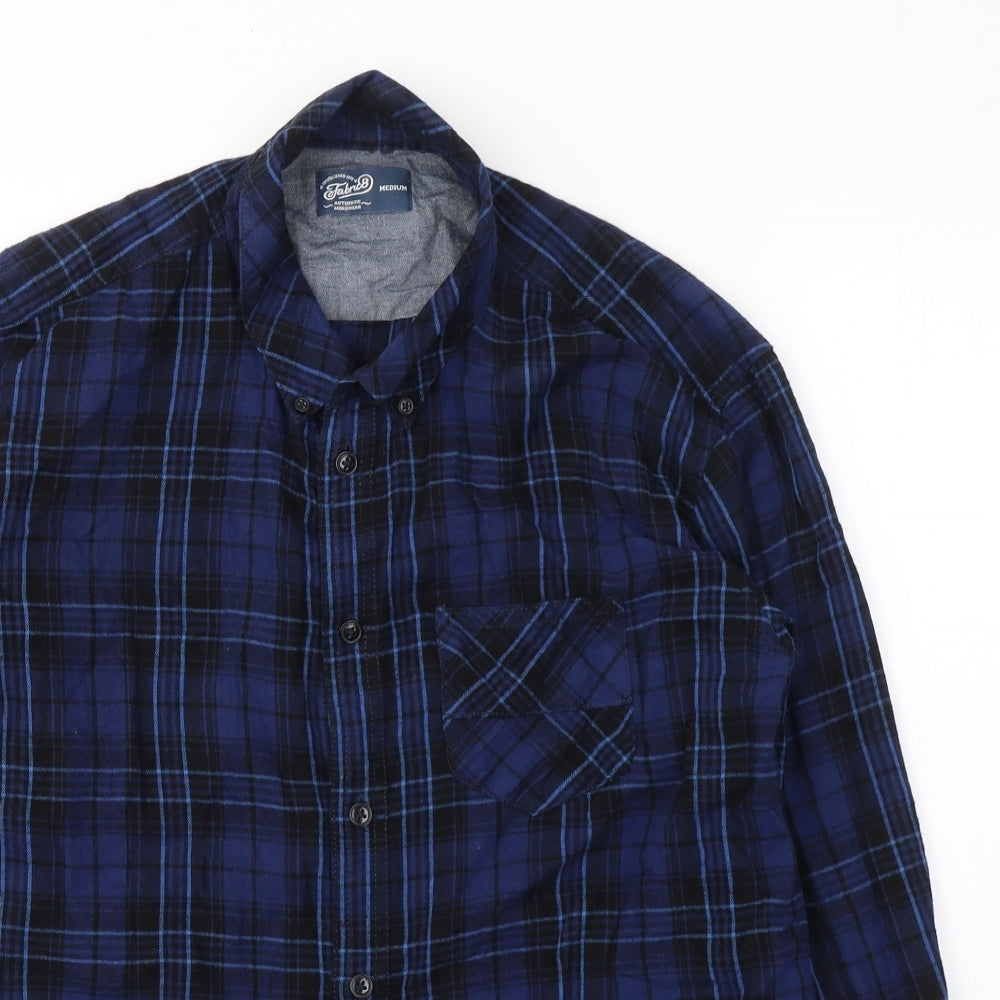 Fabric 8 Mens Blue Plaid Cotton  Button-Up Size M Collared Button