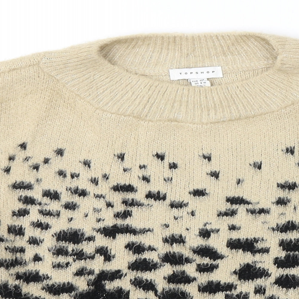 Topshop Womens Beige Round Neck Animal Print Acrylic Pullover Jumper Size M