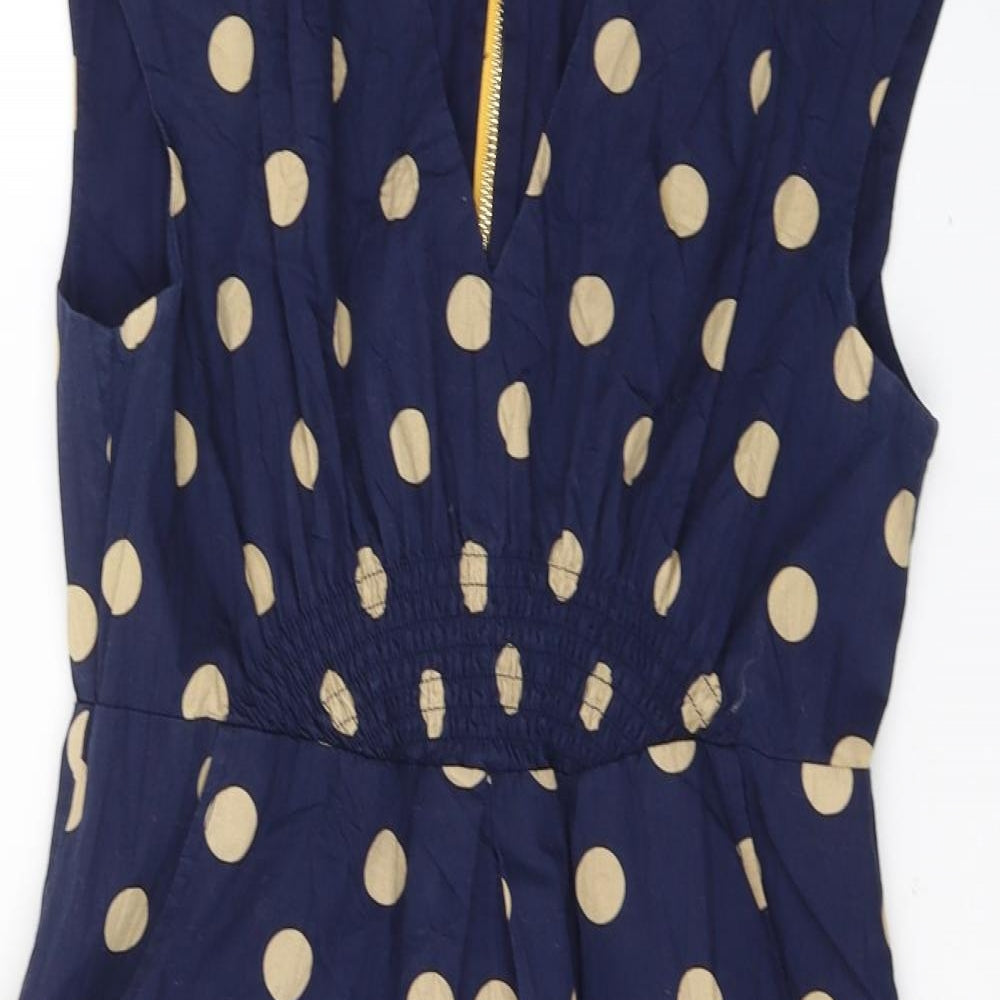 Tom Joule Womens Blue Polka Dot Cotton A-Line  Size 12  V-Neck Zip