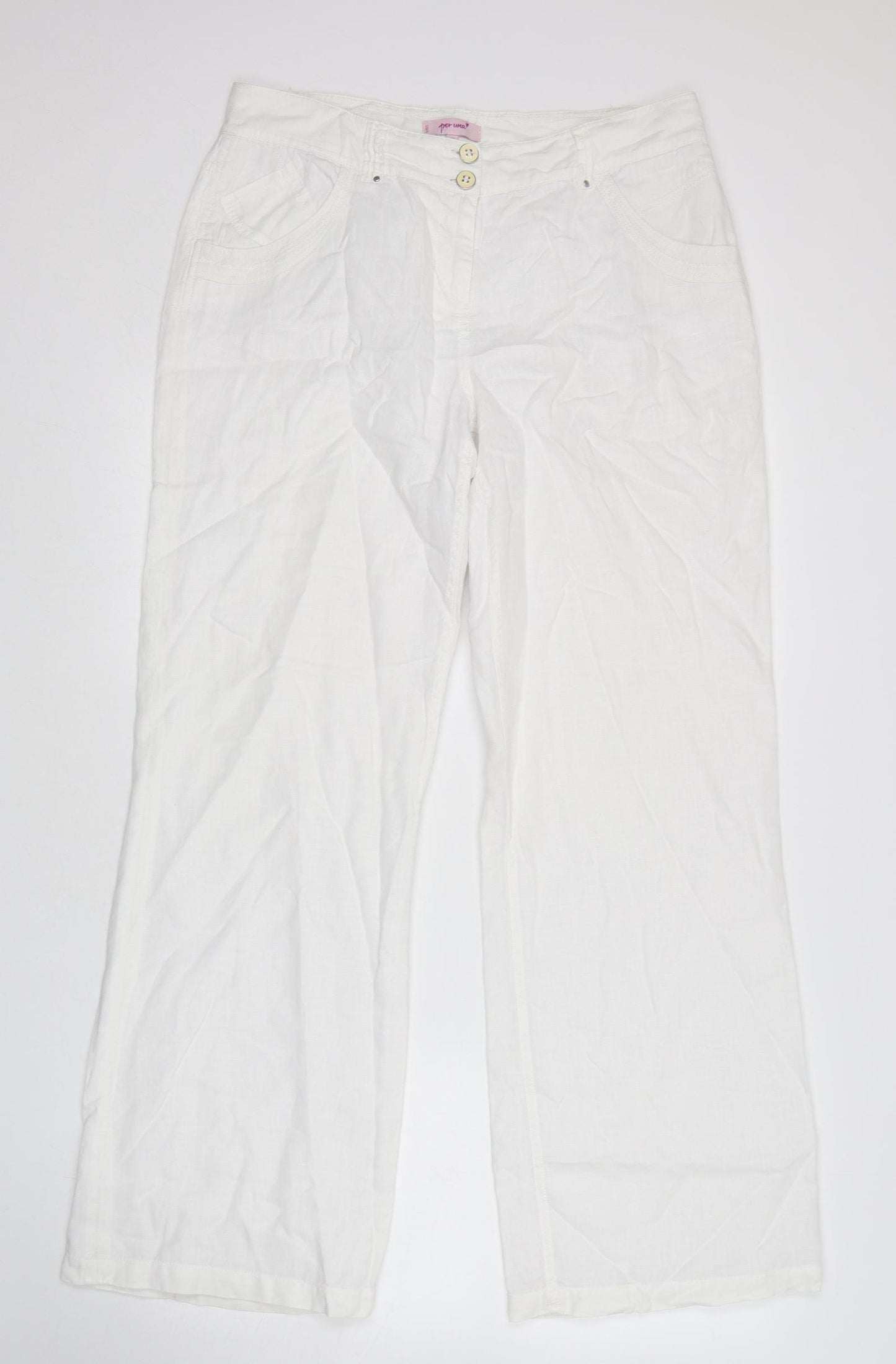 Per Una Womens White  Linen Trousers  Size 14 L32 in Regular Button