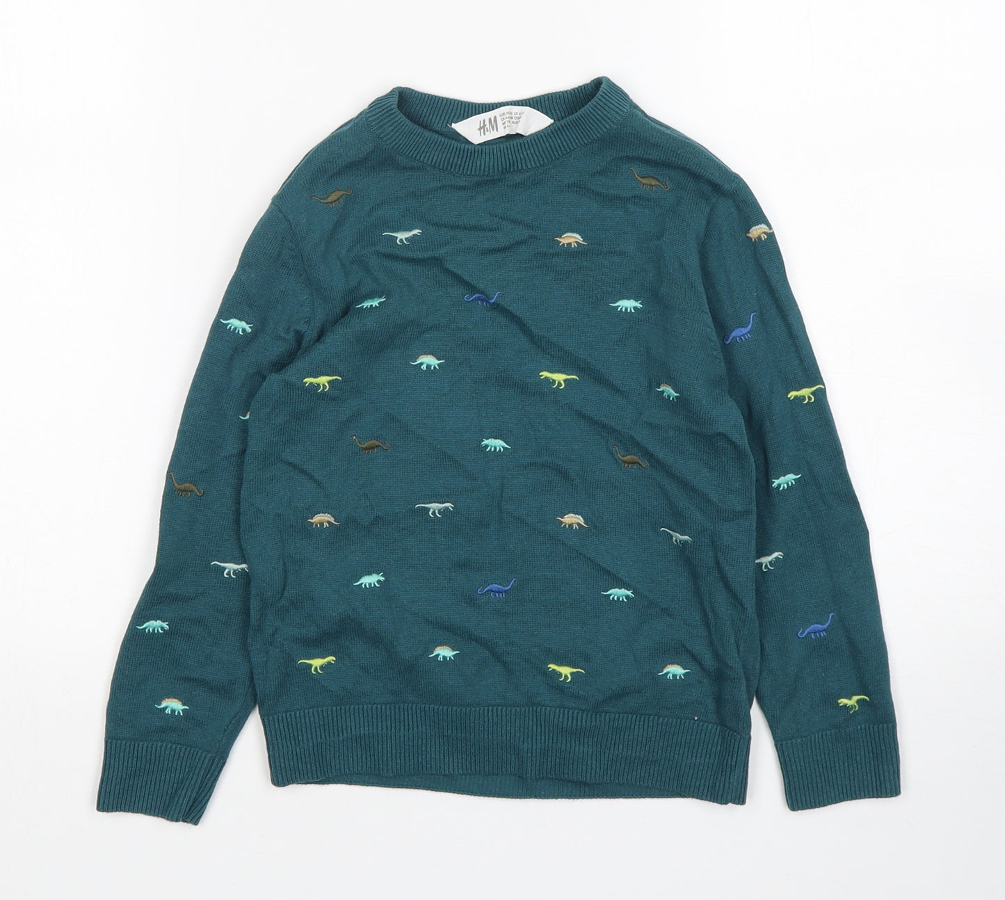 H&M Boys Green Round Neck  Cotton Pullover Jumper Size 5-6 Years  Pullover - Dinosaur Print