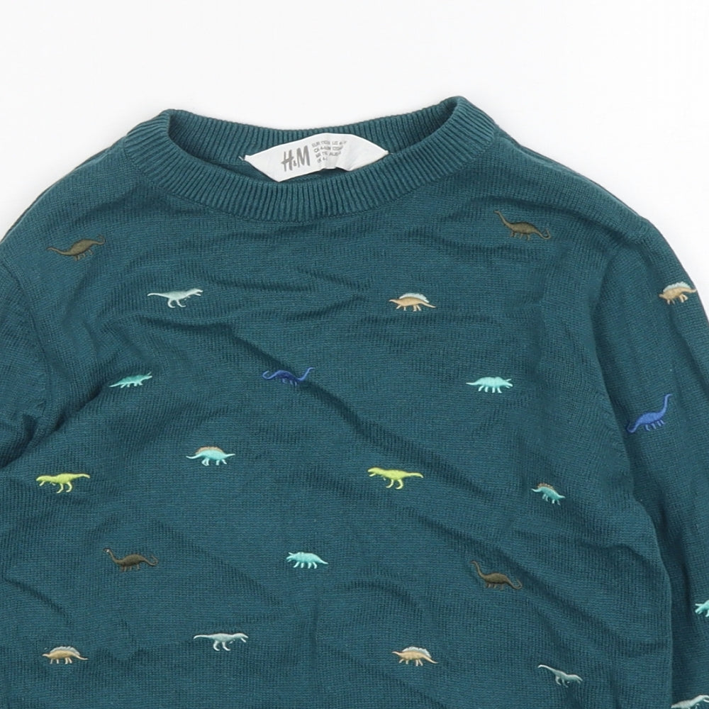 H&M Boys Green Round Neck  Cotton Pullover Jumper Size 5-6 Years  Pullover - Dinosaur Print