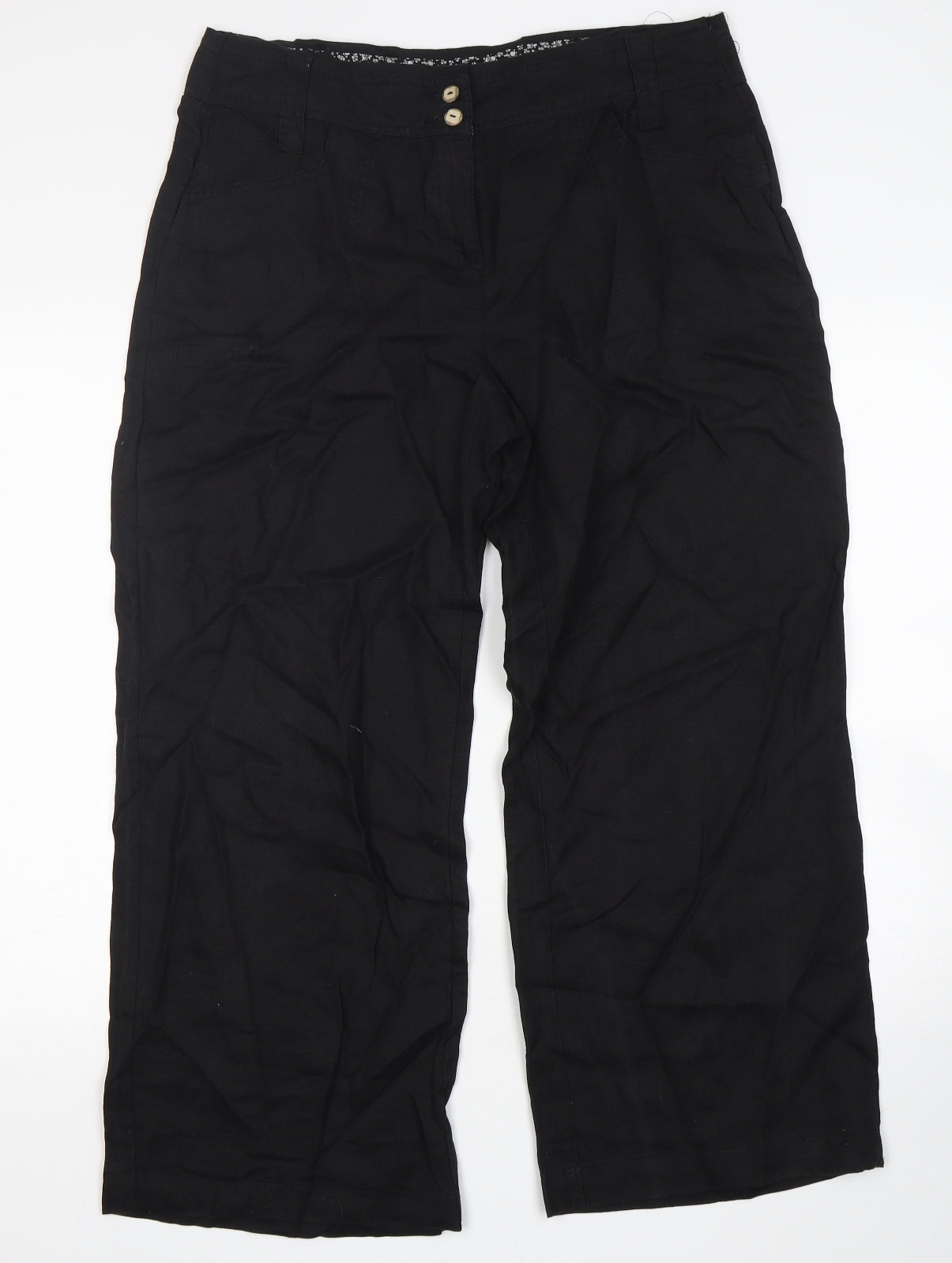 NEXT Womens Black  Linen Trousers  Size 16 L27 in Regular Button