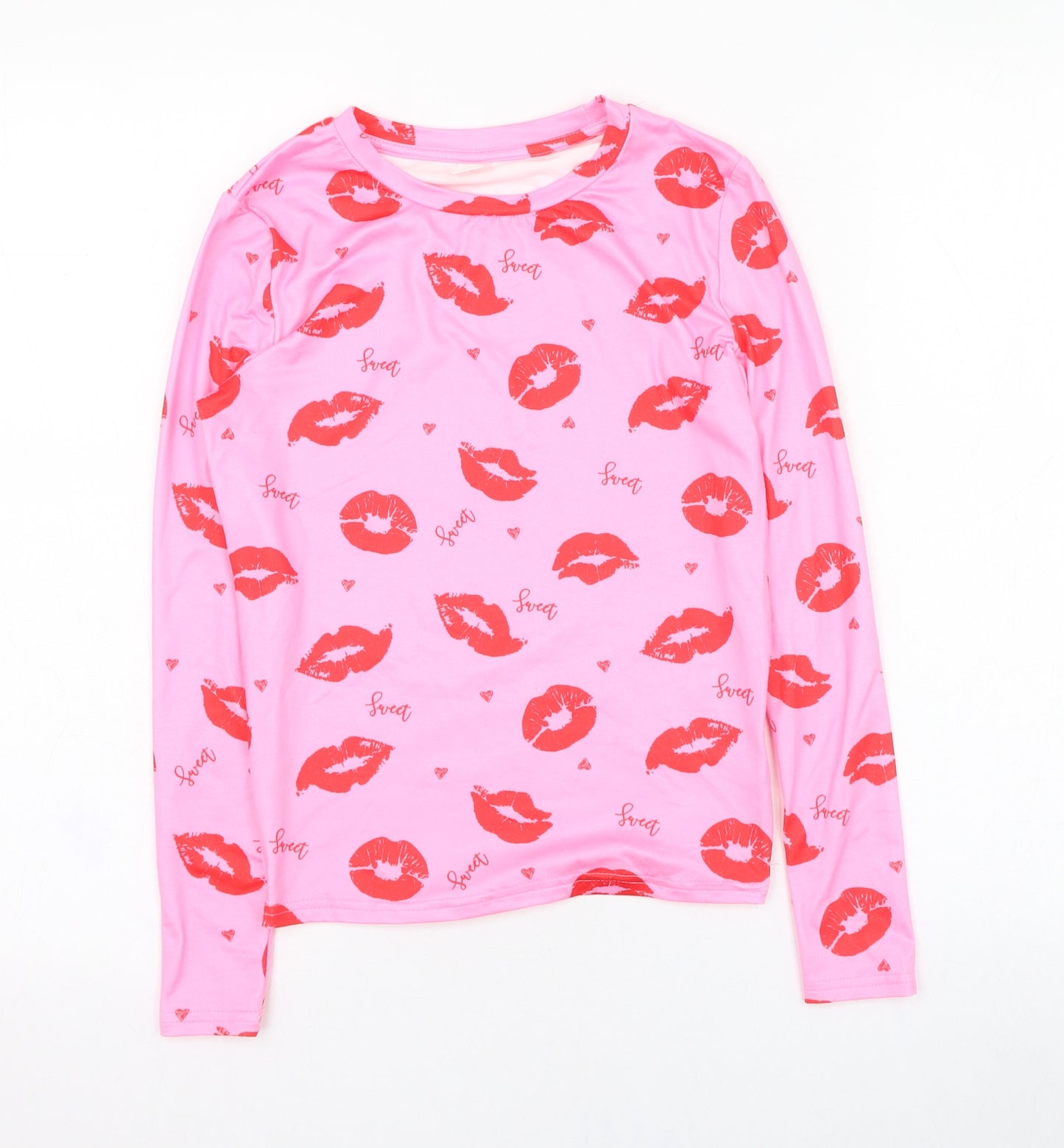 SheIn Girls Pink  Polyester Basic T-Shirt Size 11-12 Years Round Neck Pullover - Lips