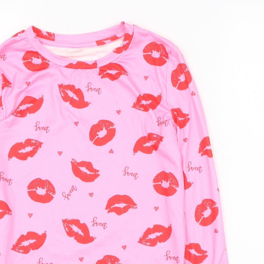 SheIn Girls Pink  Polyester Basic T-Shirt Size 11-12 Years Round Neck Pullover - Lips
