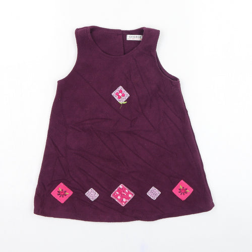 George Girls Purple  Polyester Pinafore/Dungaree Dress  Size 6-9 Months  Round Neck Button - Flower, Fleece