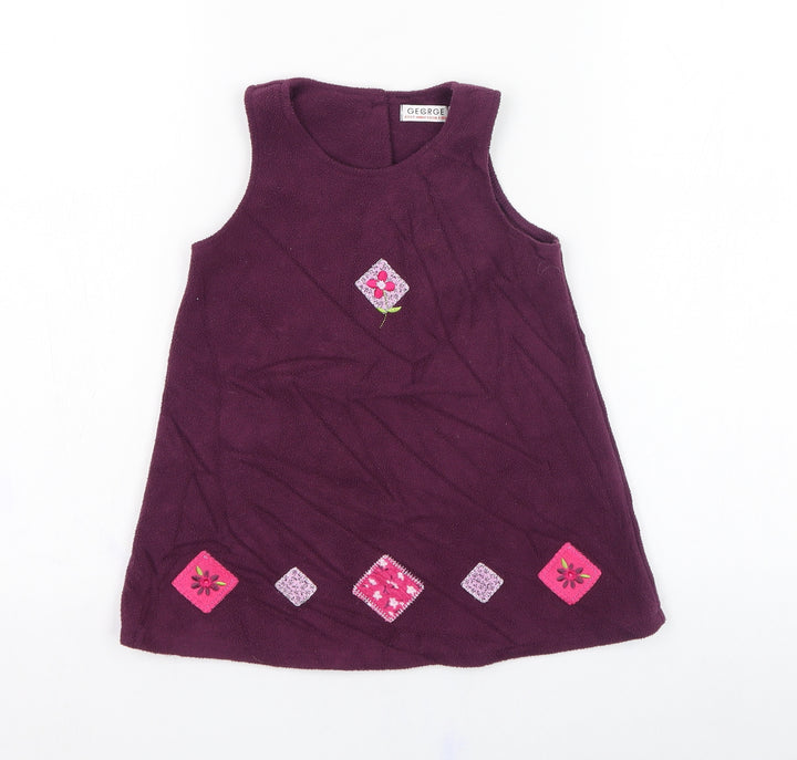George Girls Purple Polyester Pinafore/Dungaree Dress Size 6-9 Months Round Neck Button - Flower, Fleece