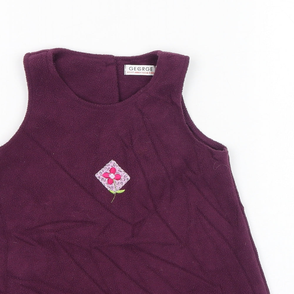George Girls Purple  Polyester Pinafore/Dungaree Dress  Size 6-9 Months  Round Neck Button - Flower, Fleece