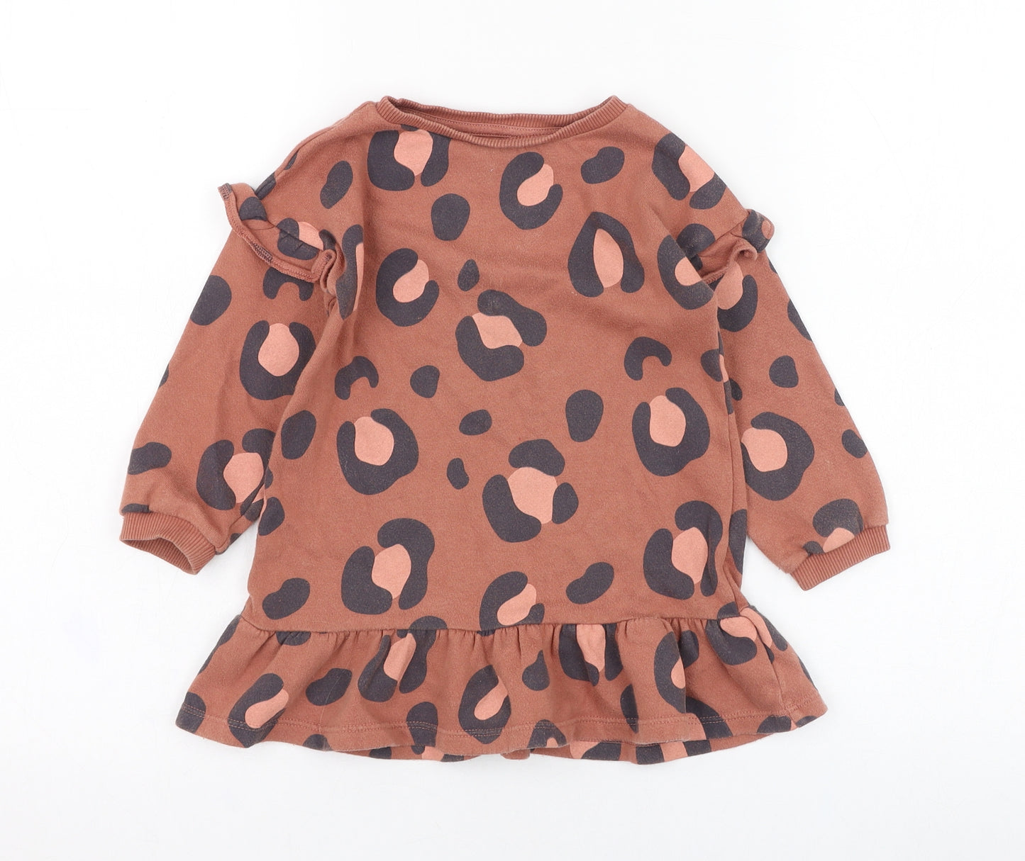 F&F Girls Brown Round Neck Animal Print Cotton Pullover Jumper Size 2-3 Years  Pullover