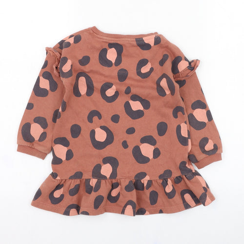 F&F Girls Brown Round Neck Animal Print Cotton Pullover Jumper Size 2-3 Years  Pullover