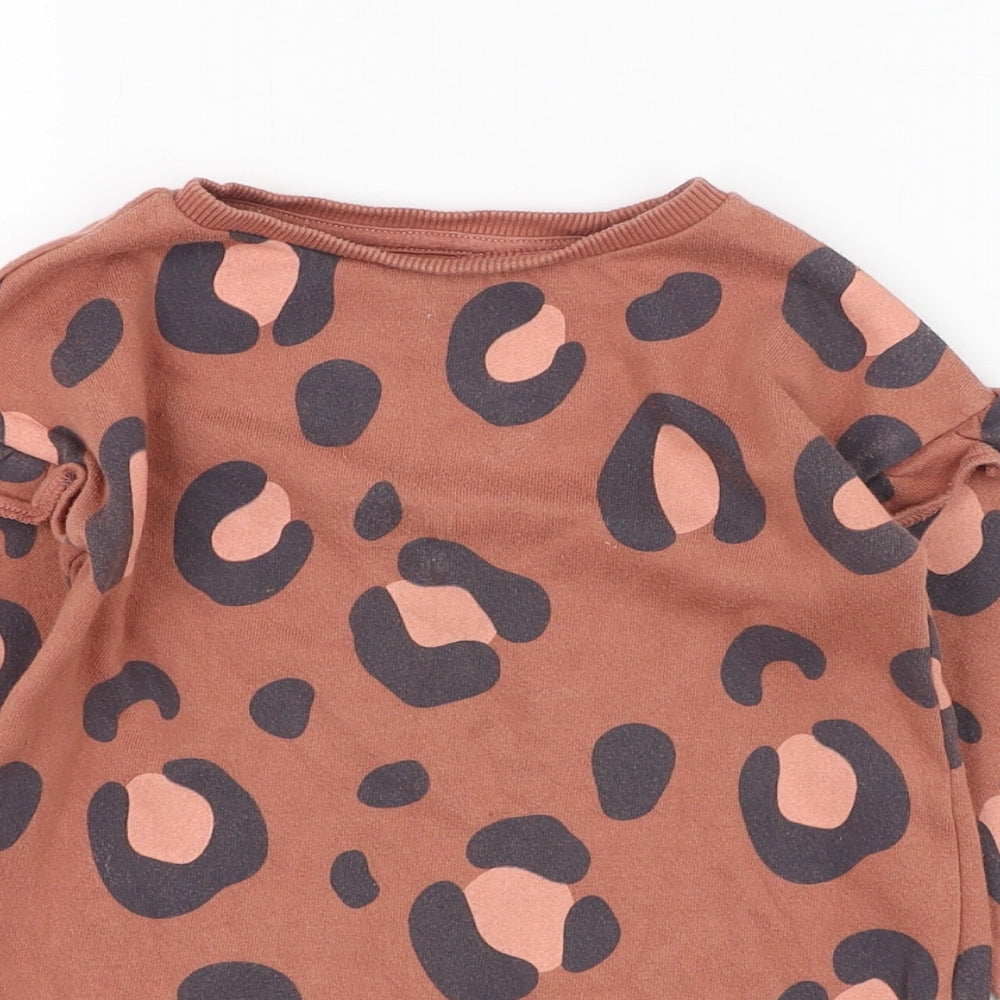 F&F Girls Brown Round Neck Animal Print Cotton Pullover Jumper Size 2-3 Years  Pullover