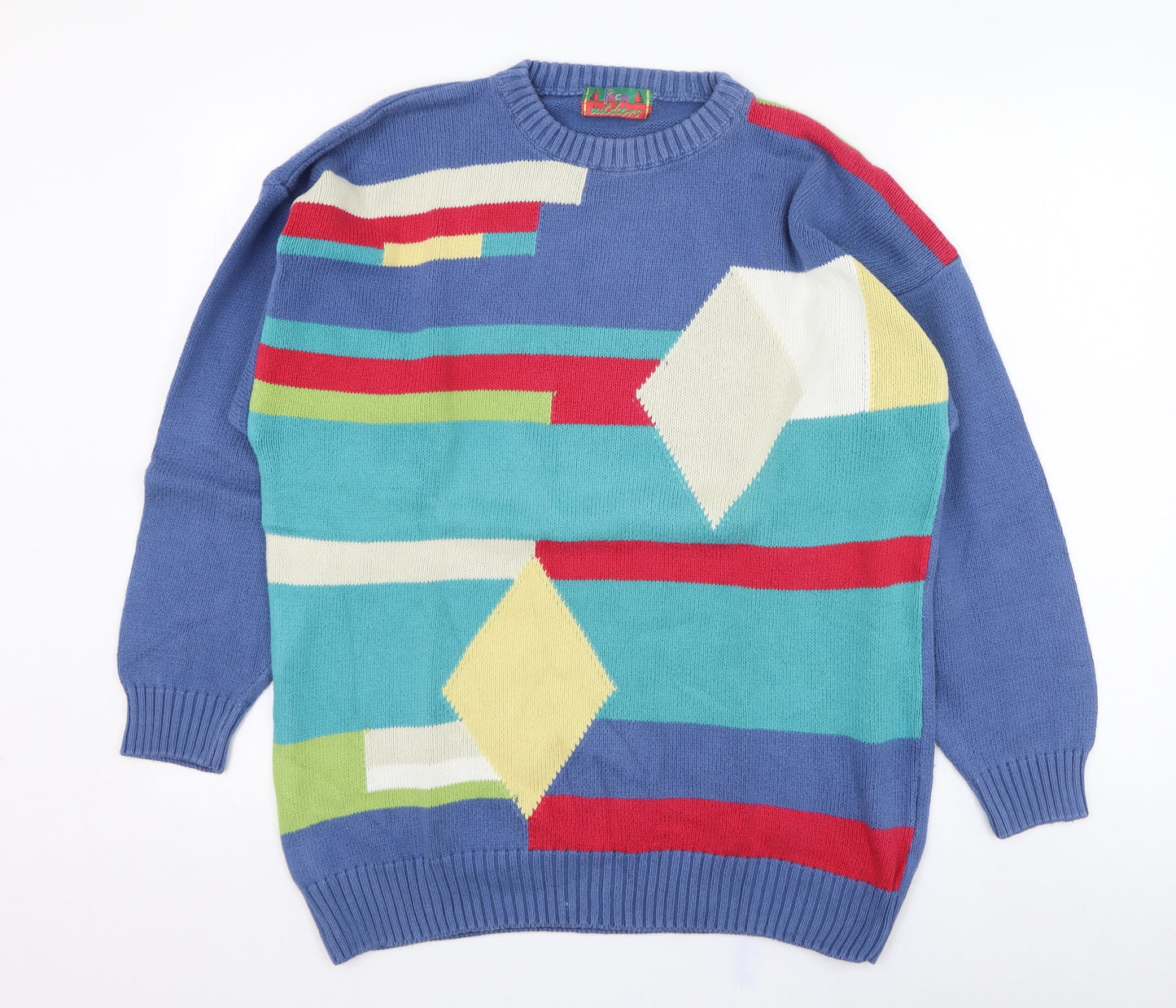 PACO Womens Blue Round Neck Geometric Cotton Pullover Jumper Size L