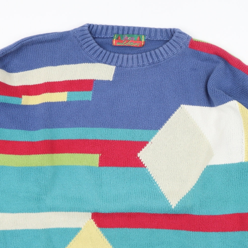 PACO Womens Blue Round Neck Geometric Cotton Pullover Jumper Size L