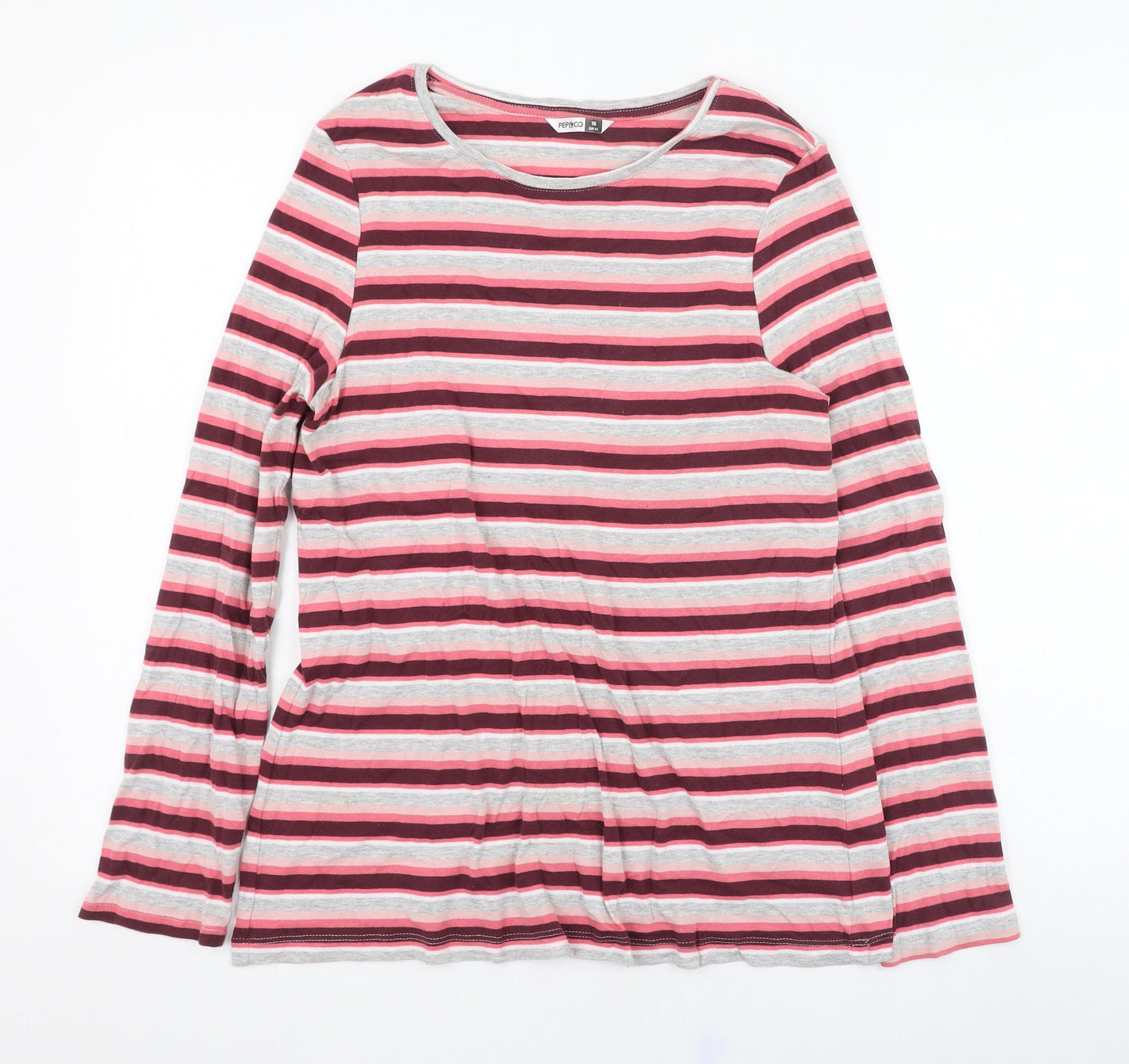 Pep&co Womens Pink Striped Cotton Basic T-Shirt Size 16 Round Neck
