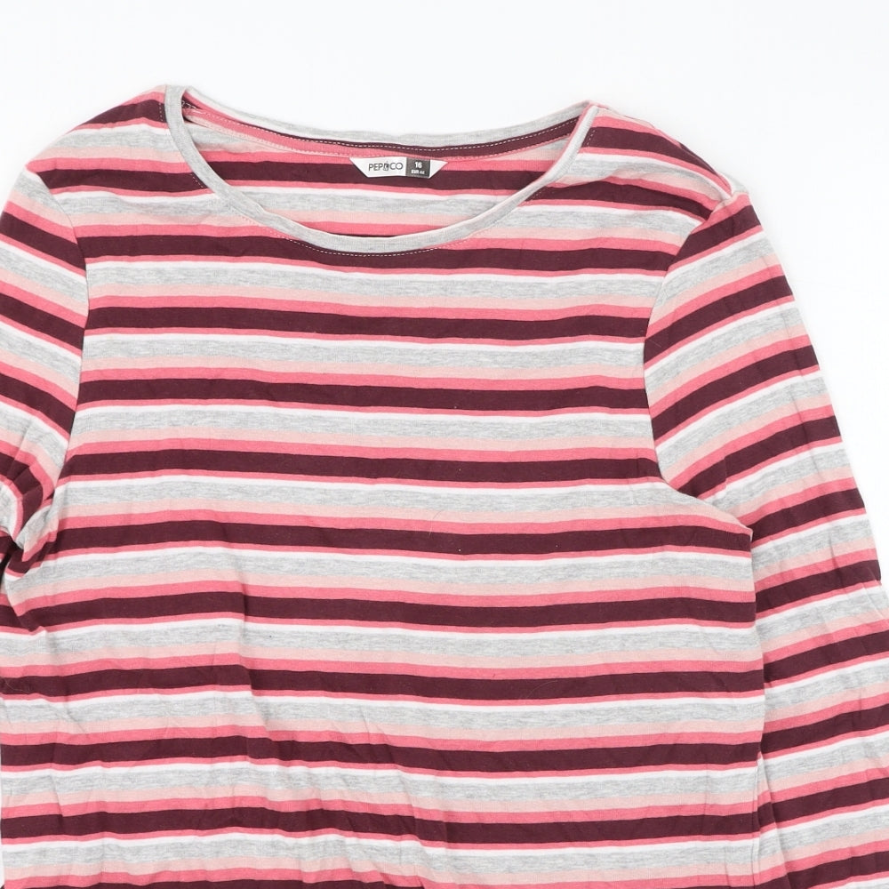 Pep&co Womens Pink Striped Cotton Basic T-Shirt Size 16 Round Neck
