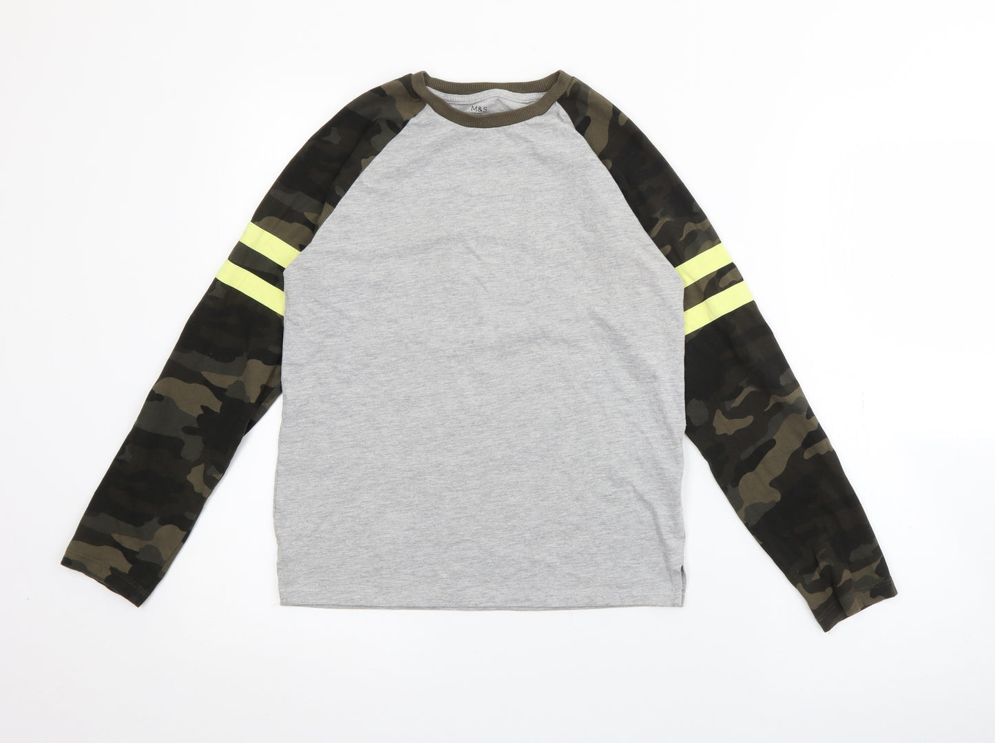 Marks and Spencer Boys Grey Camouflage Cotton Pullover T-Shirt Size 11-12 Years Crew Neck