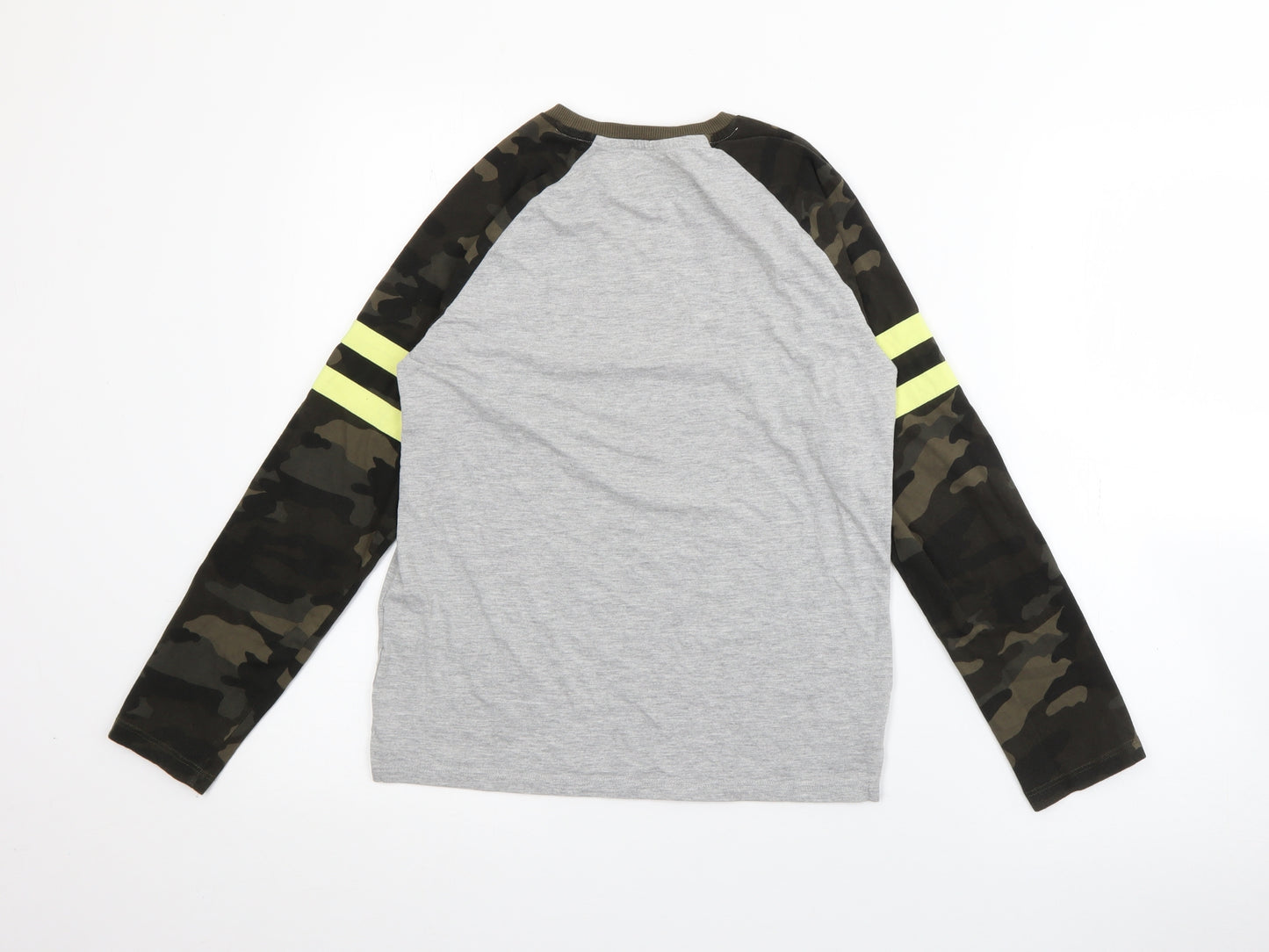 Marks and Spencer Boys Grey Camouflage Cotton Pullover T-Shirt Size 11-12 Years Crew Neck