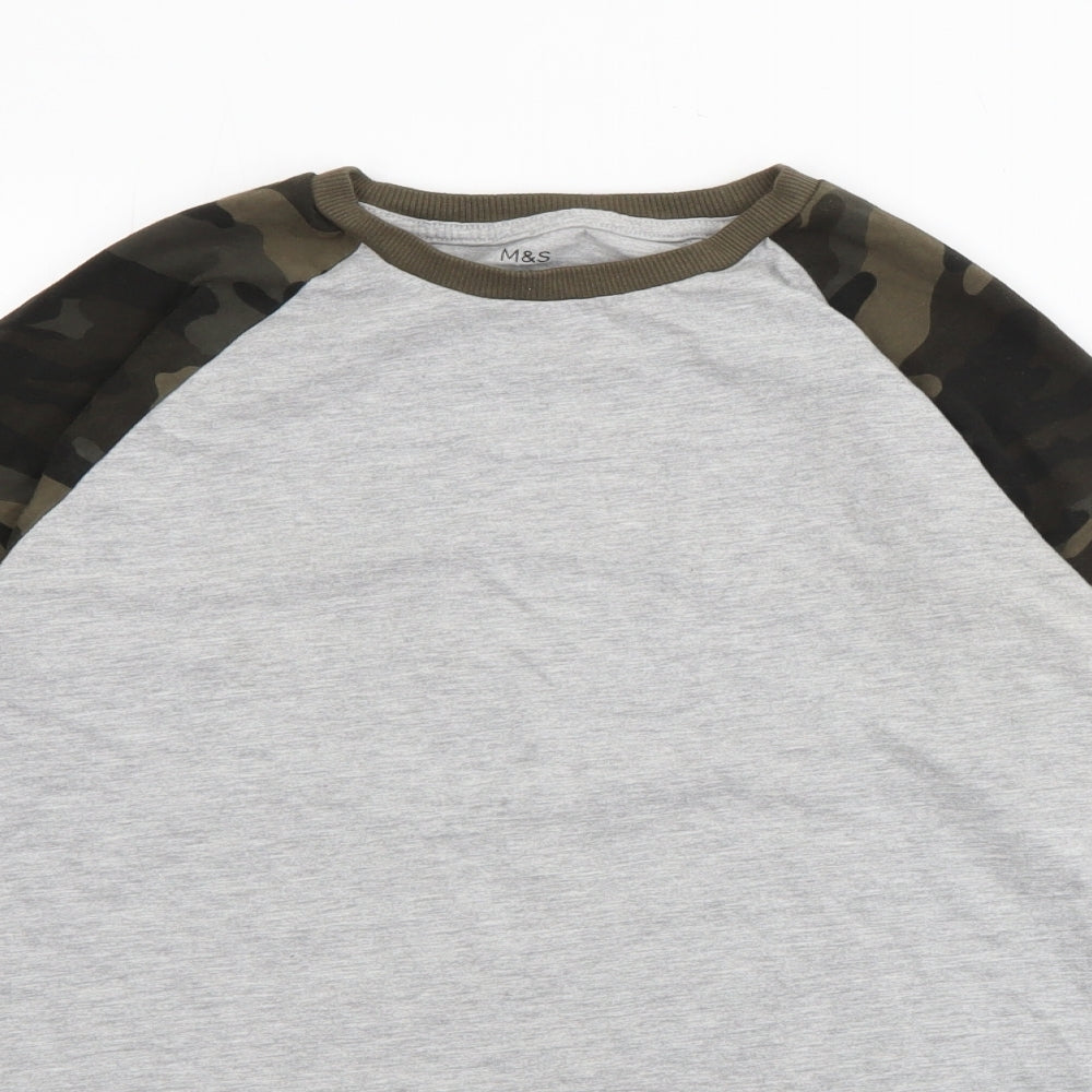 Marks and Spencer Boys Grey Camouflage Cotton Pullover T-Shirt Size 11-12 Years Crew Neck