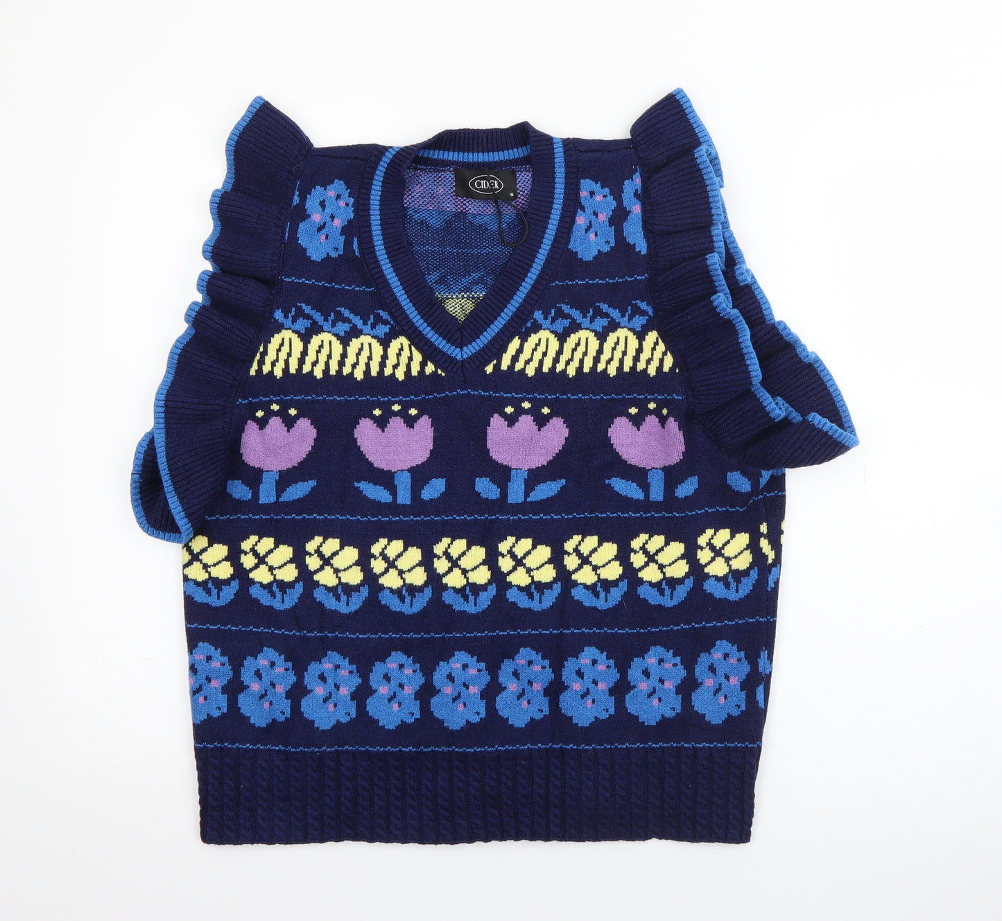 Cider Womens Blue V-Neck Geometric Acrylic Pullover Jumper Size S