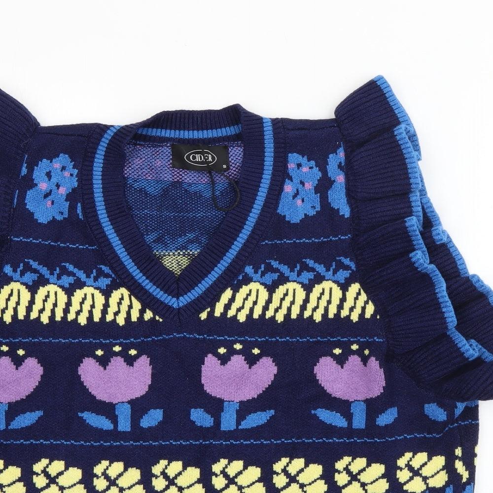 Cider Womens Blue V-Neck Geometric Acrylic Pullover Jumper Size S