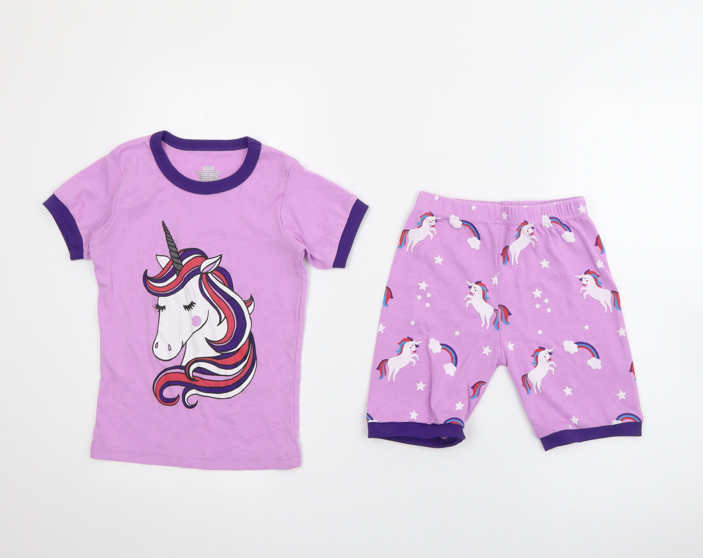 Preworn Girls Purple Geometric Cotton Top Pyjama Set Size 5-6 Years   - Unicorn