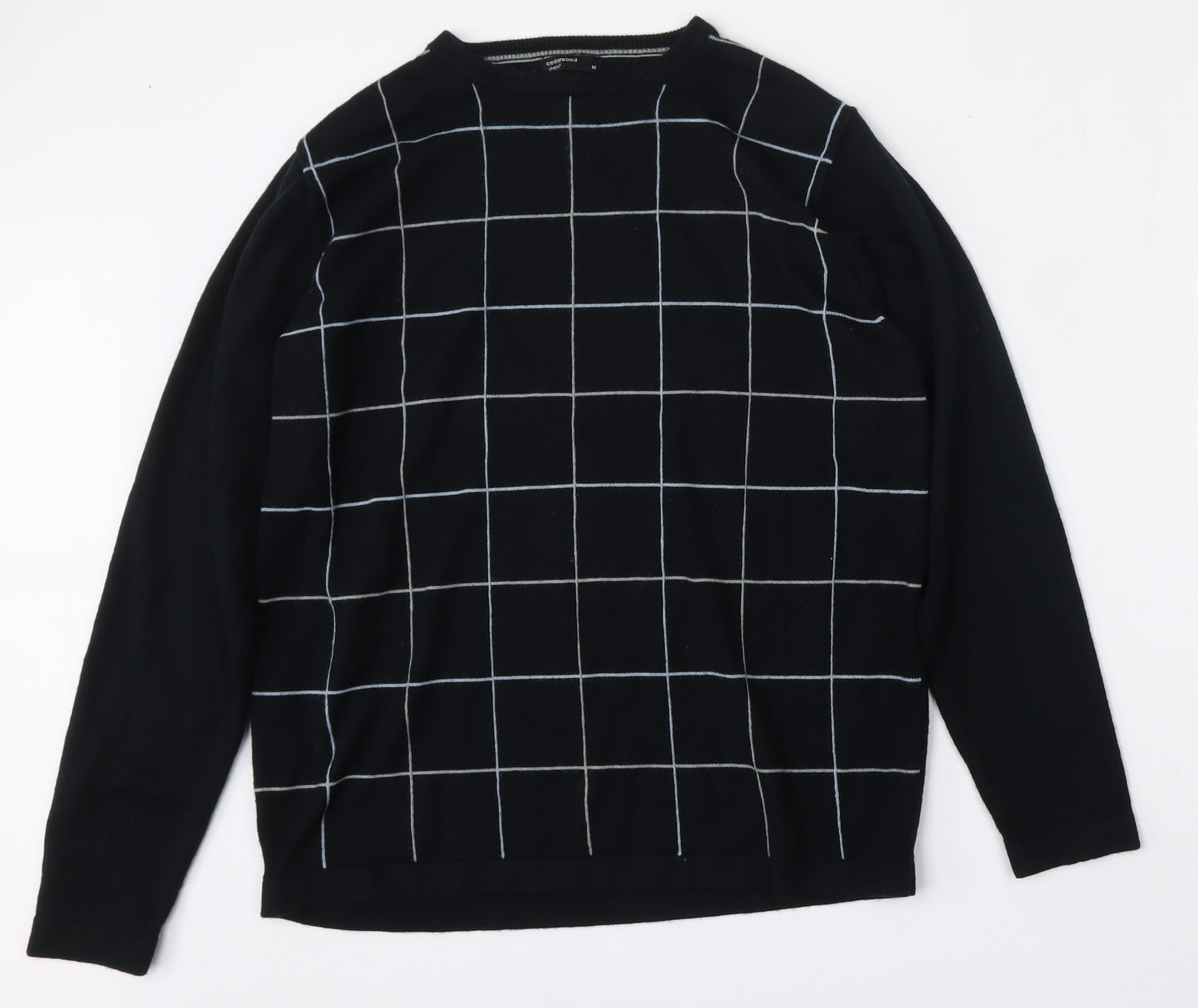 Cedar Wood State Mens Black Round Neck Striped Acrylic Pullover Jumper Size M