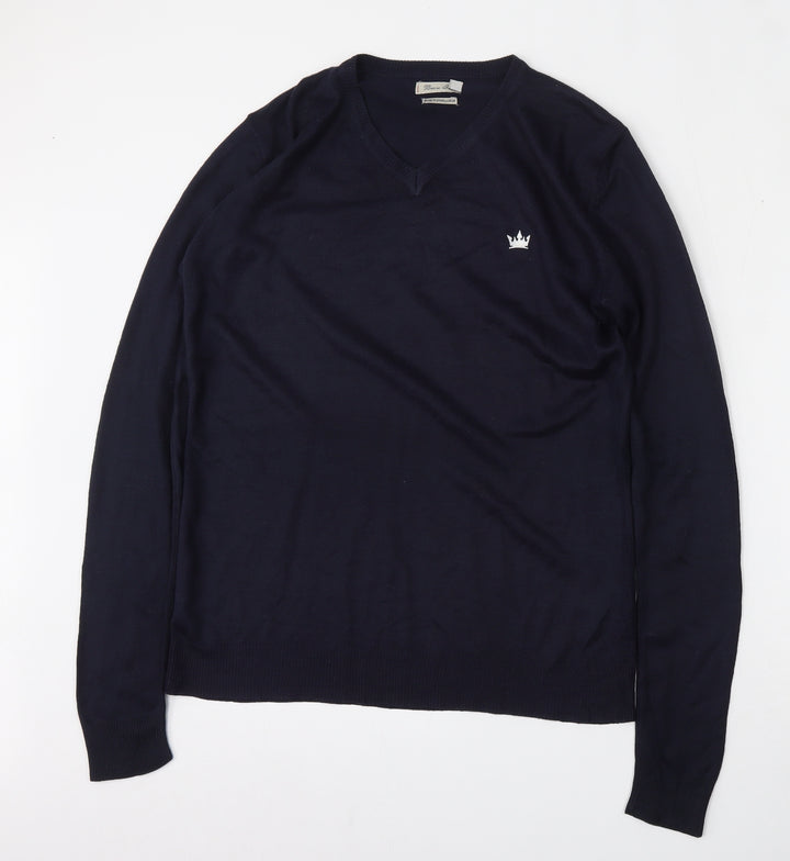 Brave Soul Mens Blue V-Neck Acrylic Pullover Jumper Size S