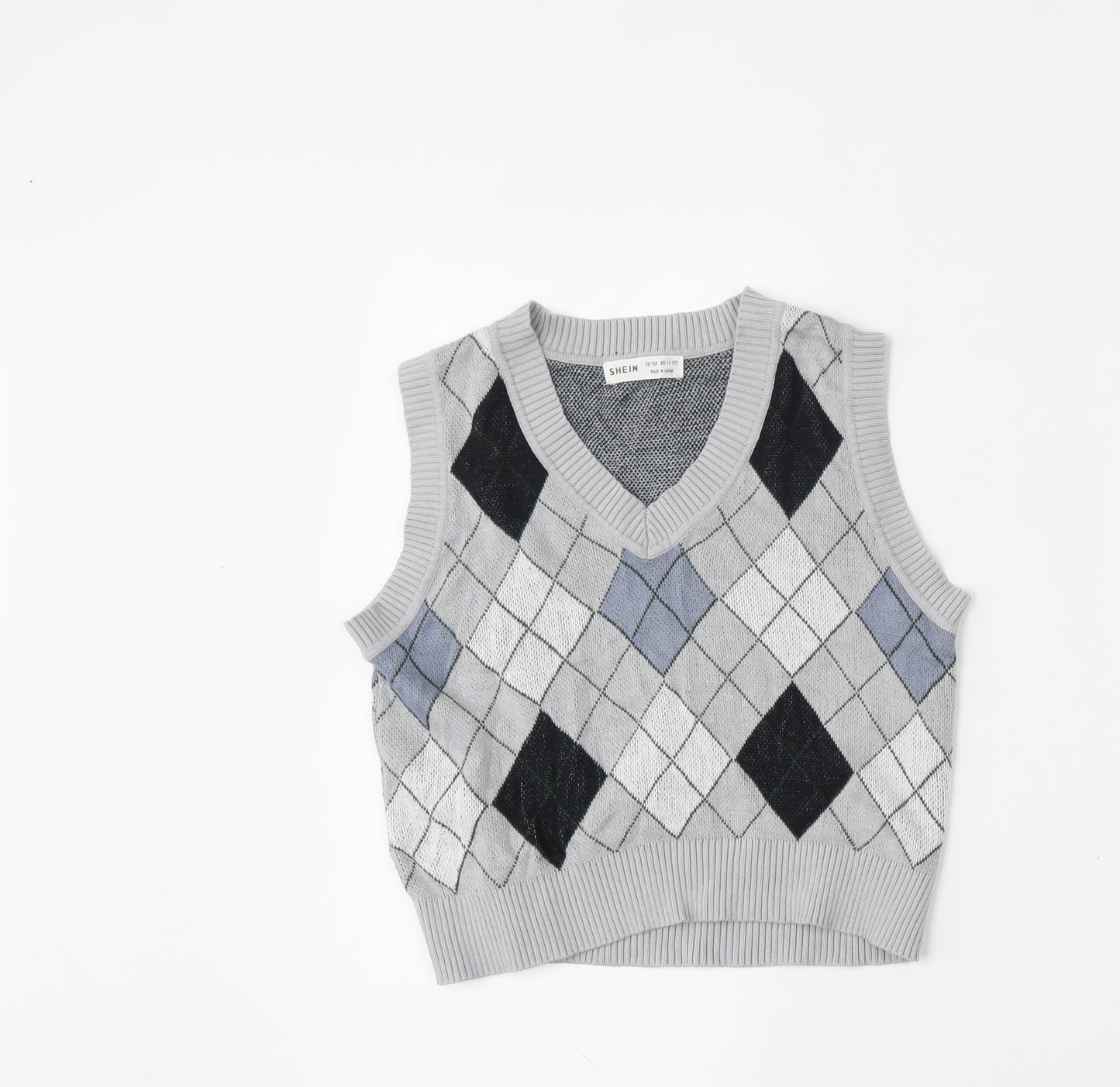 SheIn Boys Multicoloured V-Neck Argyle/Diamond Viscose Vest Jumper Size 11-12 Years
