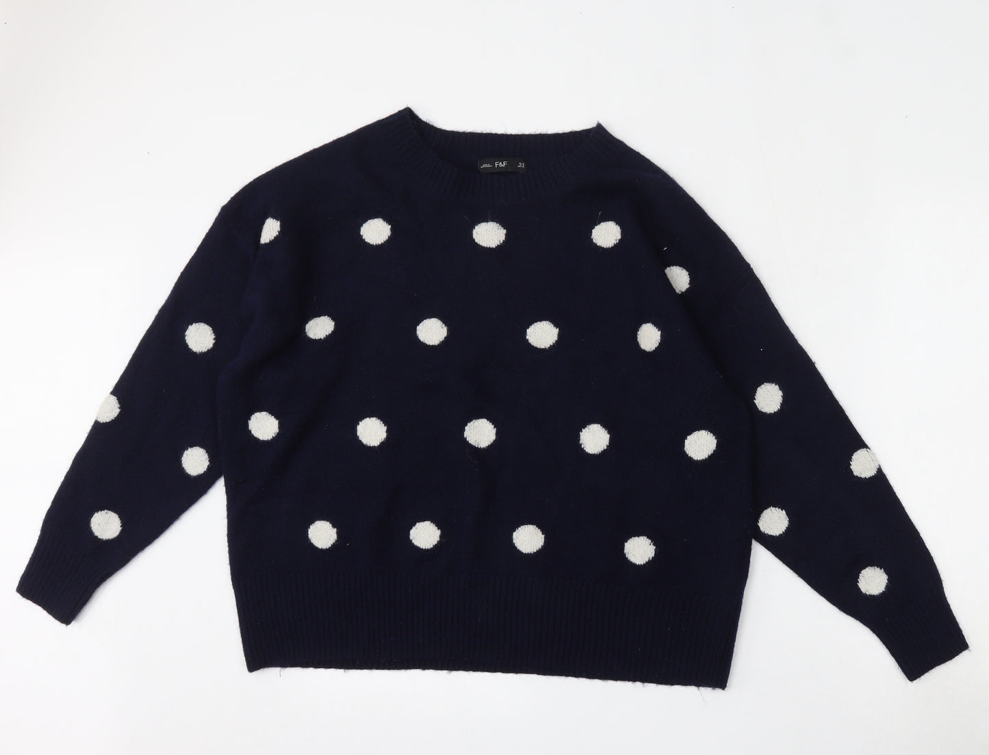 F&F Womens Blue Round Neck Polka Dot Polyester Pullover Jumper Size 12