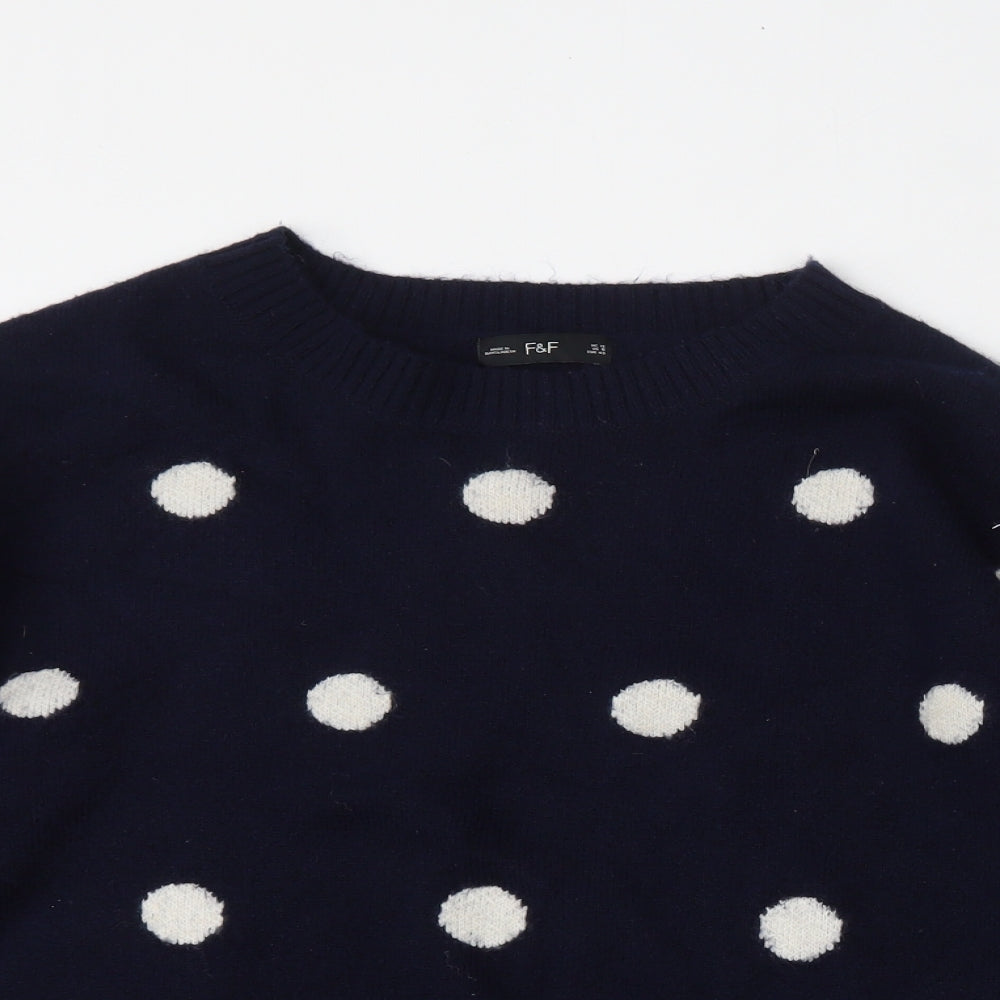 F&F Womens Blue Round Neck Polka Dot Polyester Pullover Jumper Size 12