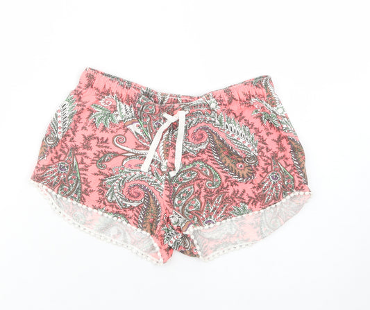 Front view of Primark women’s pink paisley cotton bermuda shorts, size UK 8, 3-inch leg regular drawstring