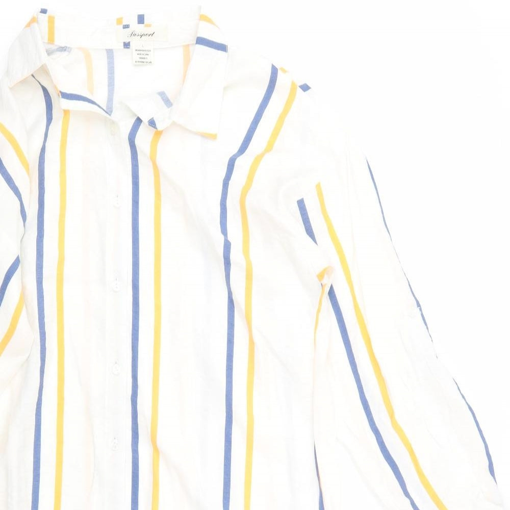 Passport Womens White Striped Viscose Tunic Button-Up Size L Collared