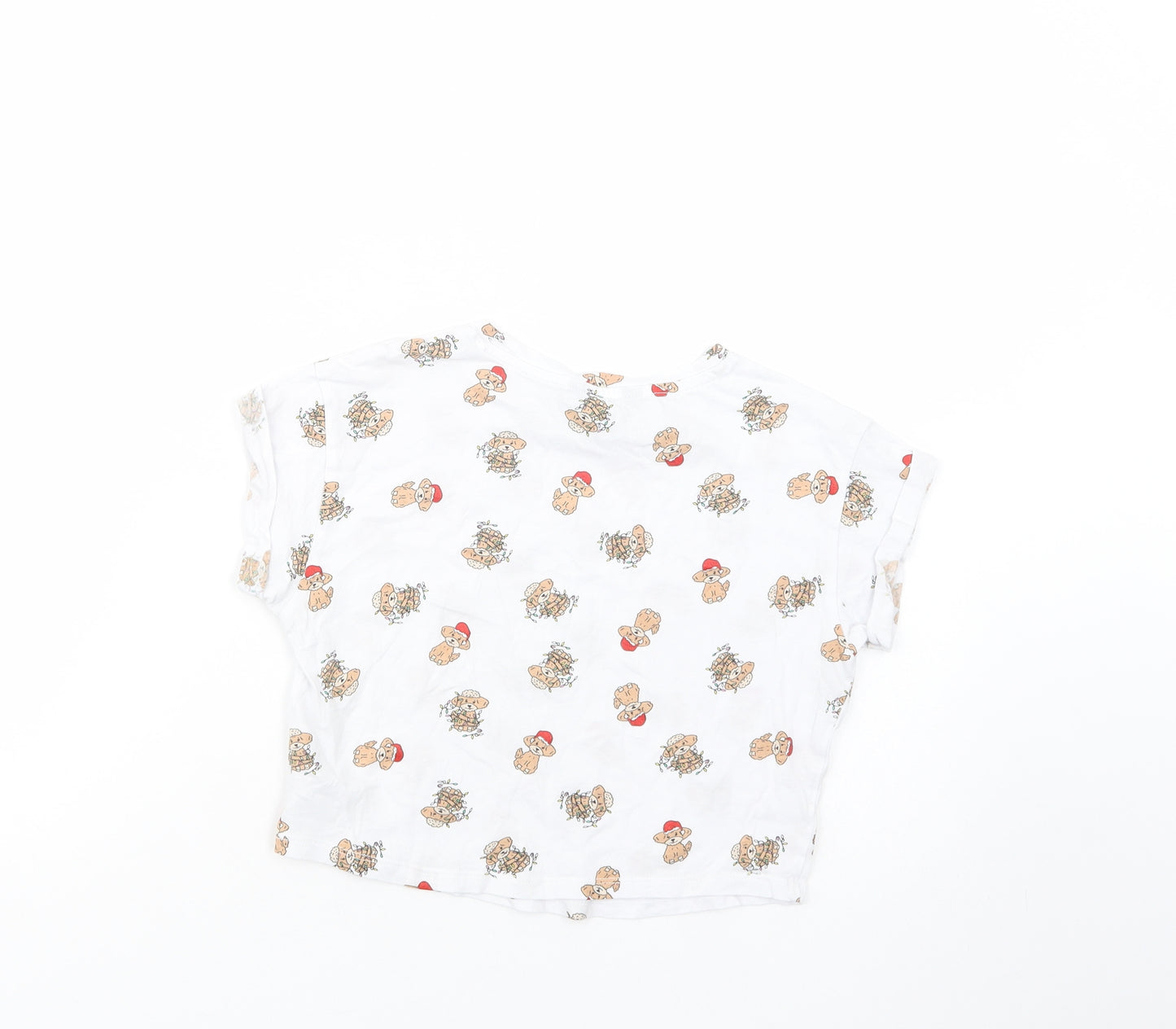 New Look Girls White Geometric Cotton Cropped T-Shirt Size 10-11 Years Crew Neck Pullover - Christmas Puppy