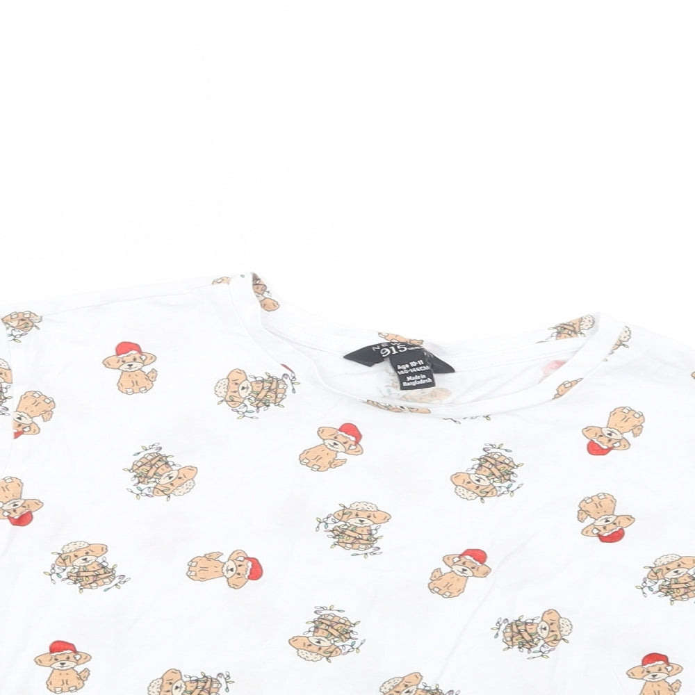 New Look Girls White Geometric Cotton Cropped T-Shirt Size 10-11 Years Crew Neck Pullover - Christmas Puppy