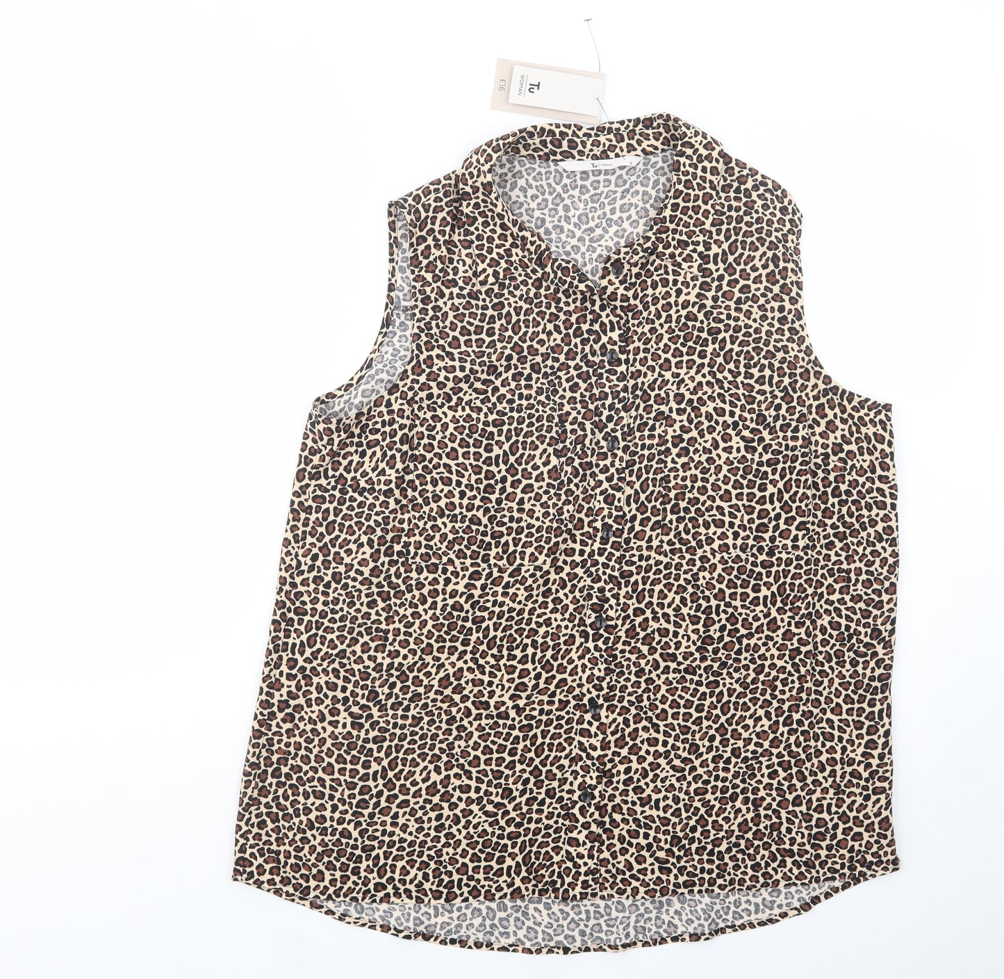 TU Womens Beige Animal Print Viscose Basic Button-Up Size 16 Collared