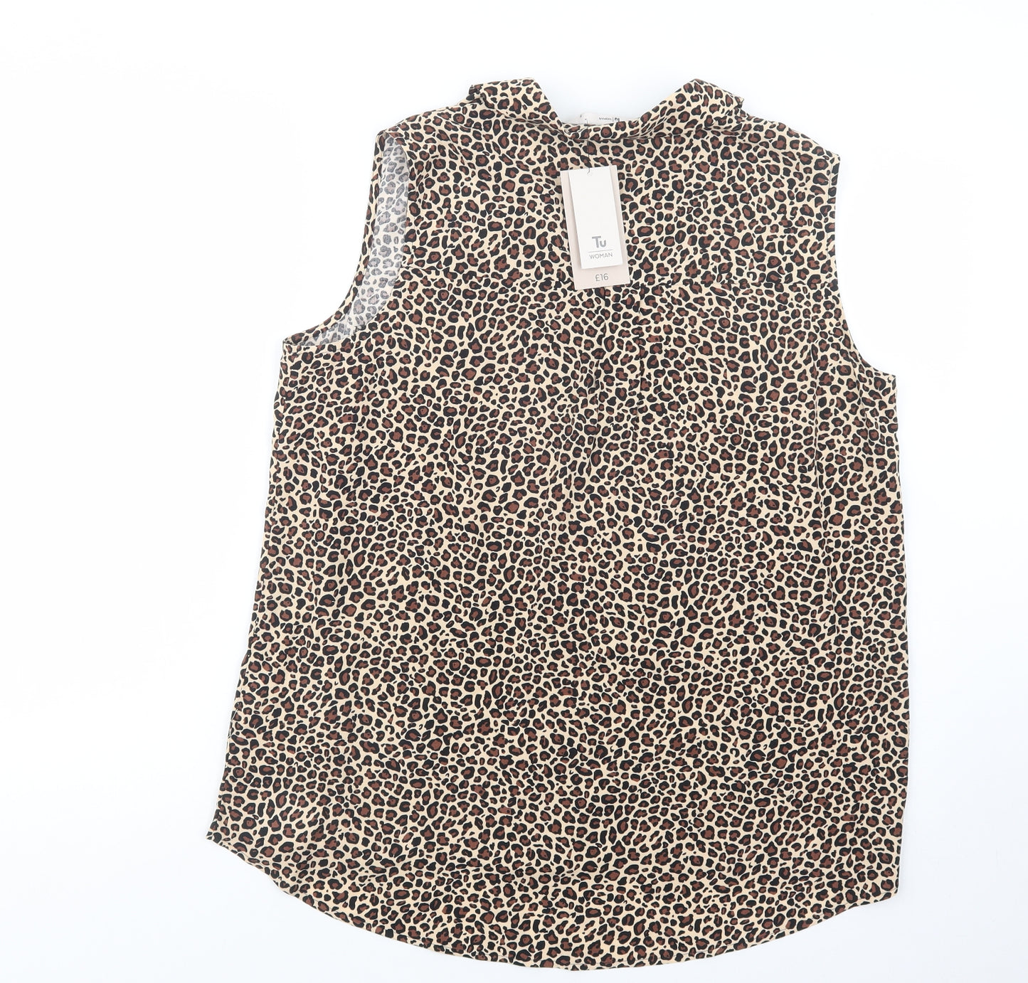 TU Womens Beige Animal Print Viscose Basic Button-Up Size 16 Collared