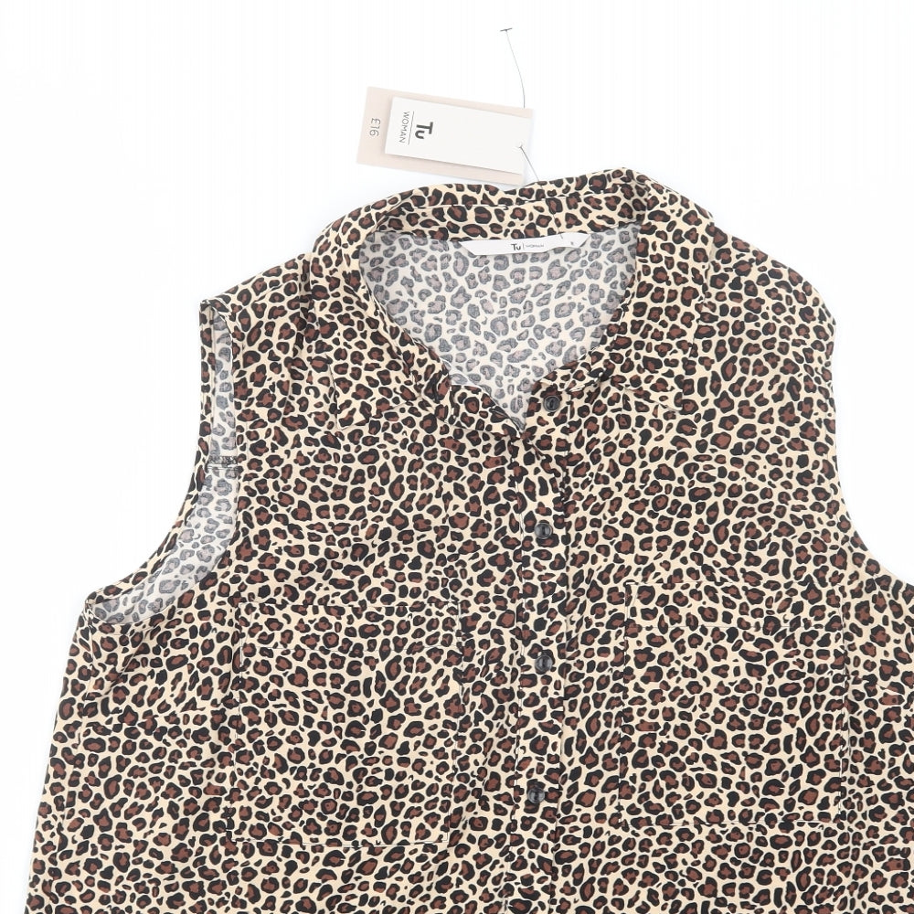 TU Womens Beige Animal Print Viscose Basic Button-Up Size 16 Collared